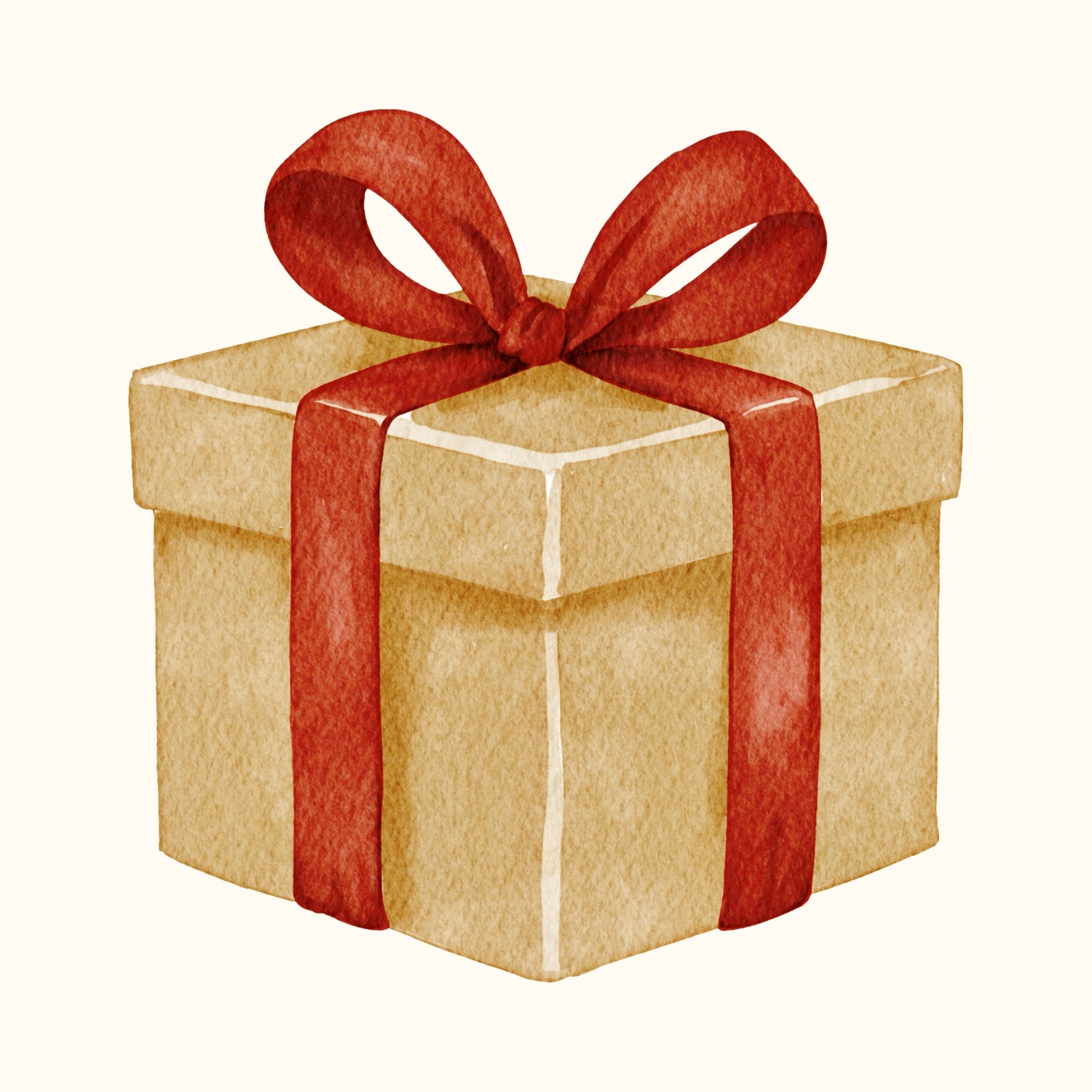 A brown gift box with a red ribbon and bow, illustrated in a watercolor style.