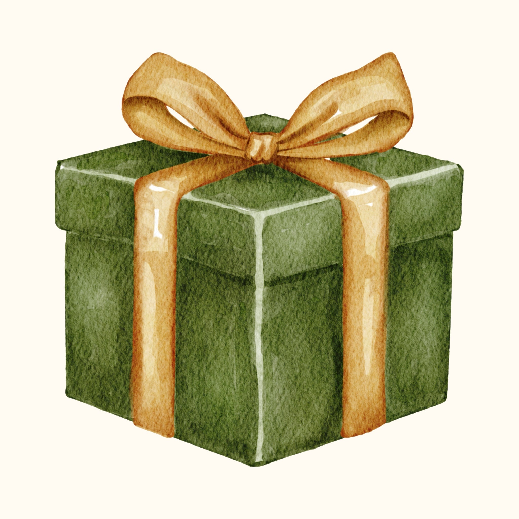 Green gift box with a golden ribbon and bow, illustrated in a watercolor style on a light background.