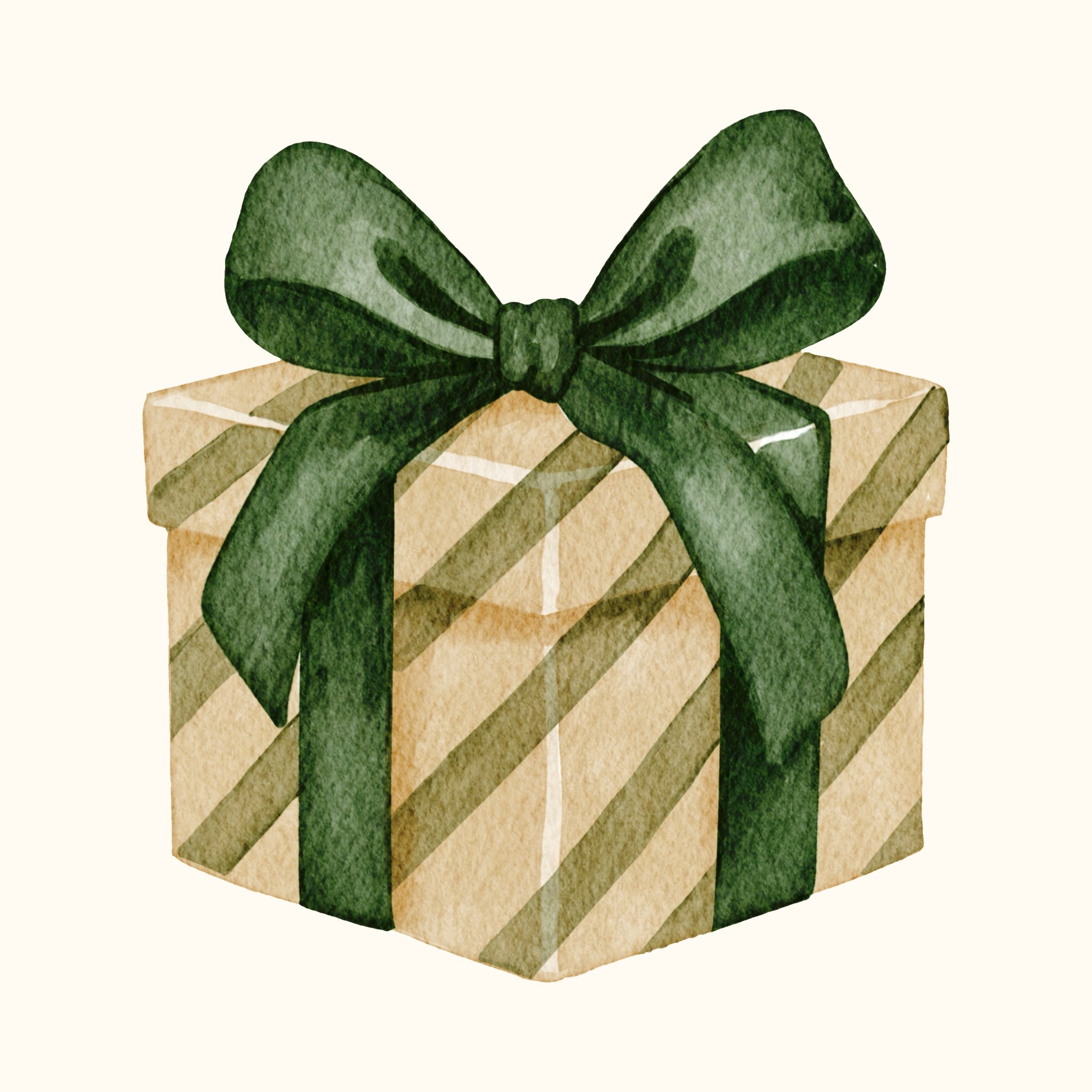 A gift box with green stripes and a large green bow on top, illustrated in a watercolor style.