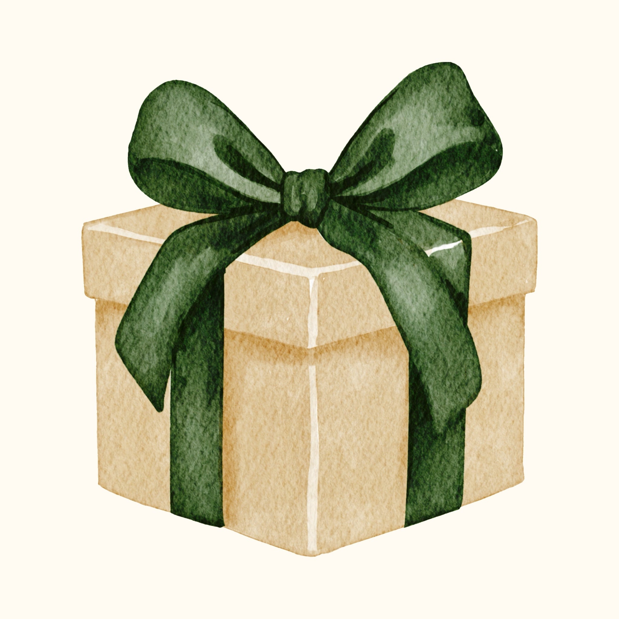 A tan gift box with a large green ribbon tied in a bow.