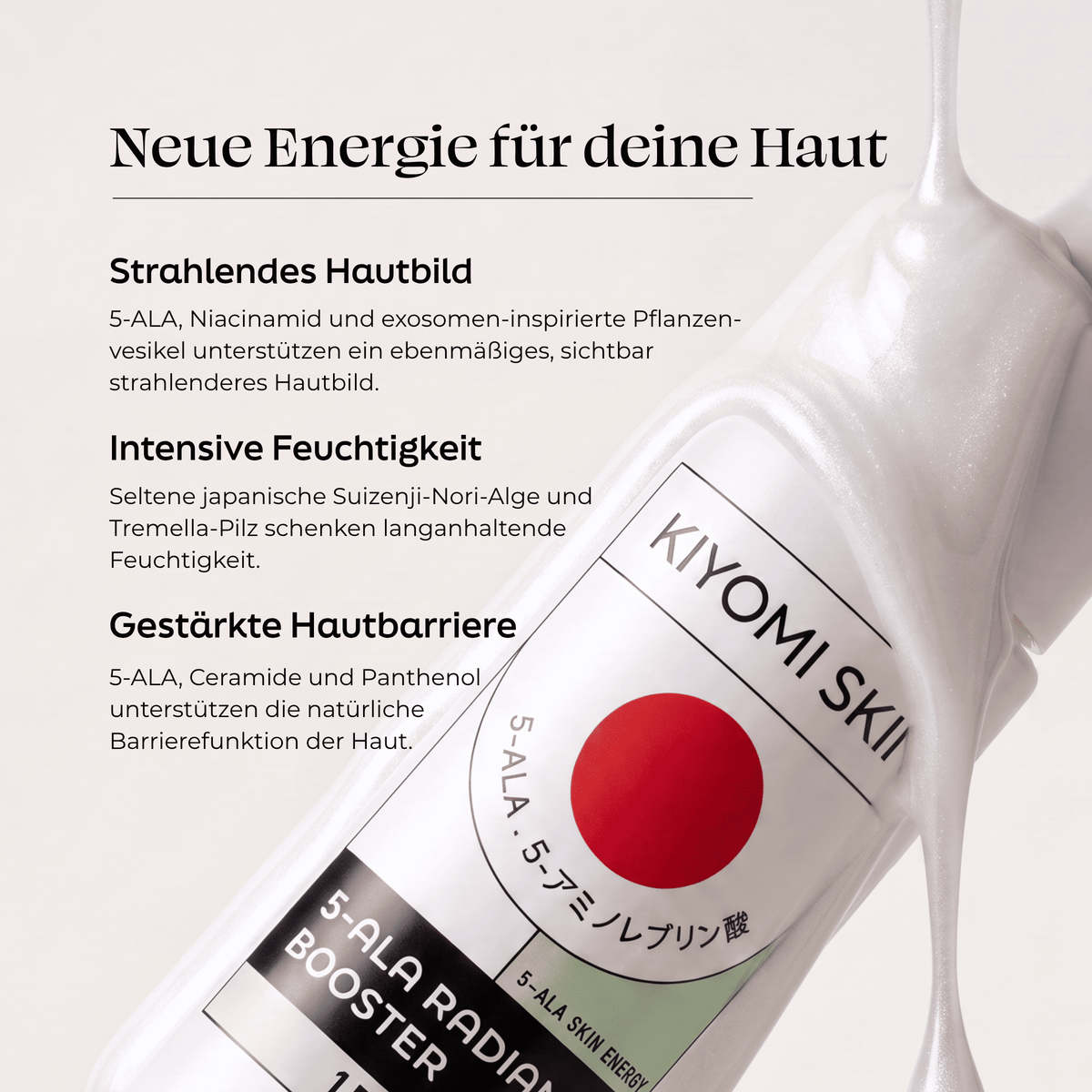 Eine Flasche des „5-ALA Radiance Booster Serum“ von Kiyomi Skin mit japanischer Beschriftung, auf der weiße Flüssigkeit zu sehen ist und über der ein erklärender deutscher Text steht, stellt dieses innovative Serum vor – einen echten Radiance Booster, der entwickelt wurde, um Ihre Hautenergie zu steigern.