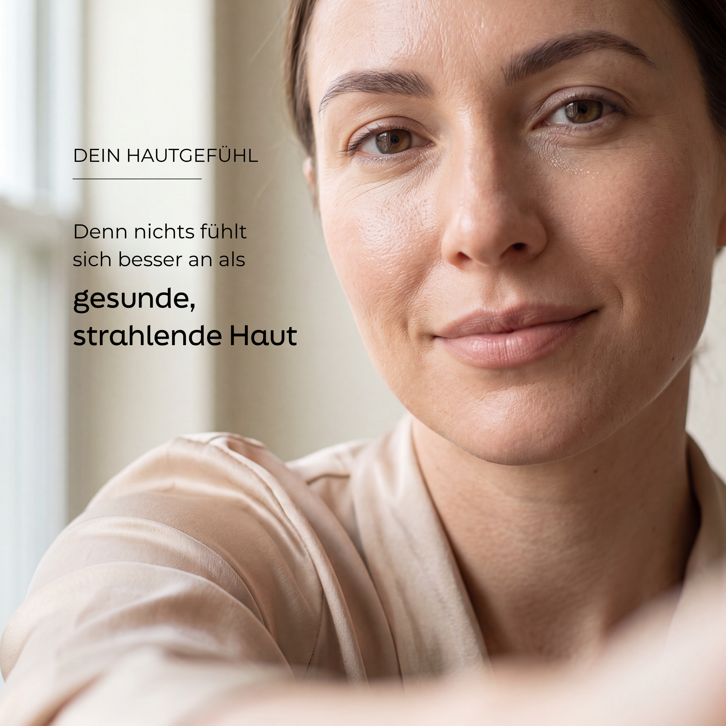 Close-up portrait of a smiling woman with healthy, radiant skin, with German text reading "Dein Hautgefühl – Denn nichts fühlt sich besser an als gesunde, strahlende Haut."