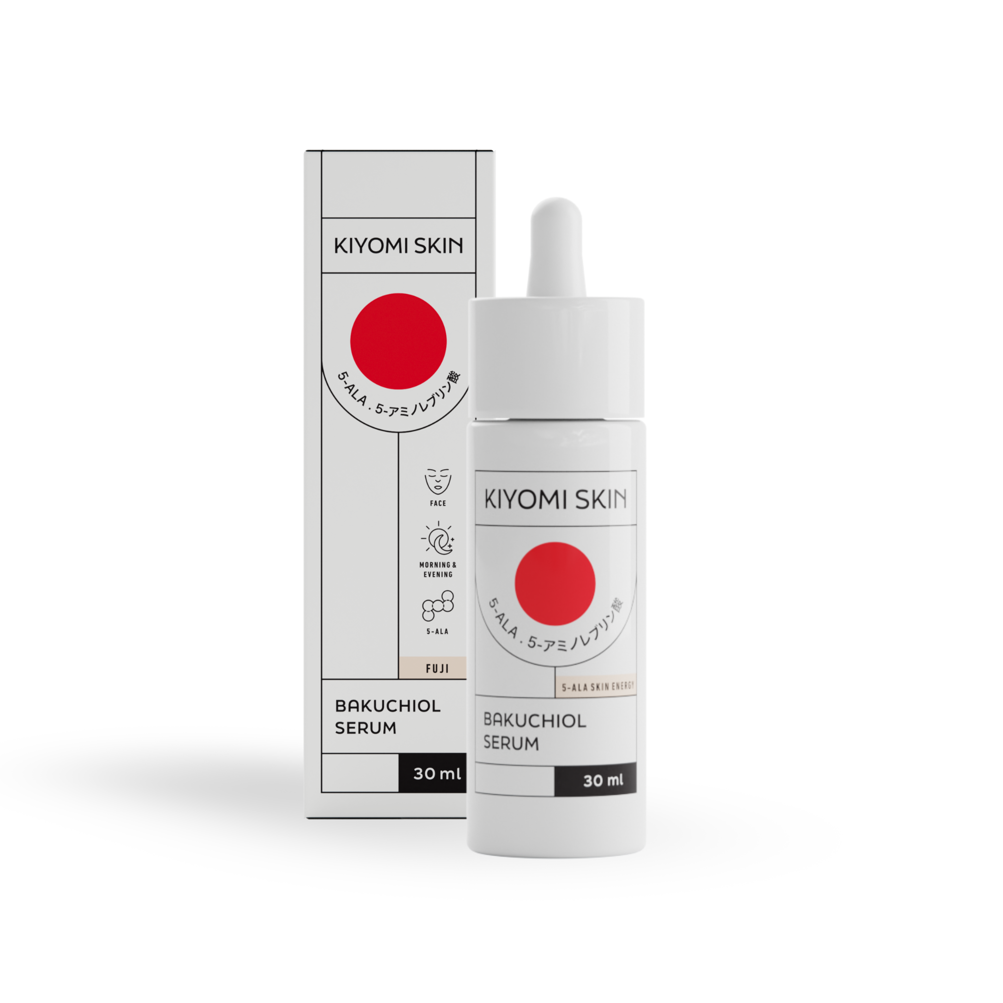 White dropper bottle and box of Bakuchiol Serum, each with a red circle on the label—a gentle Retinol-Alternative perfect for sensitive skin.