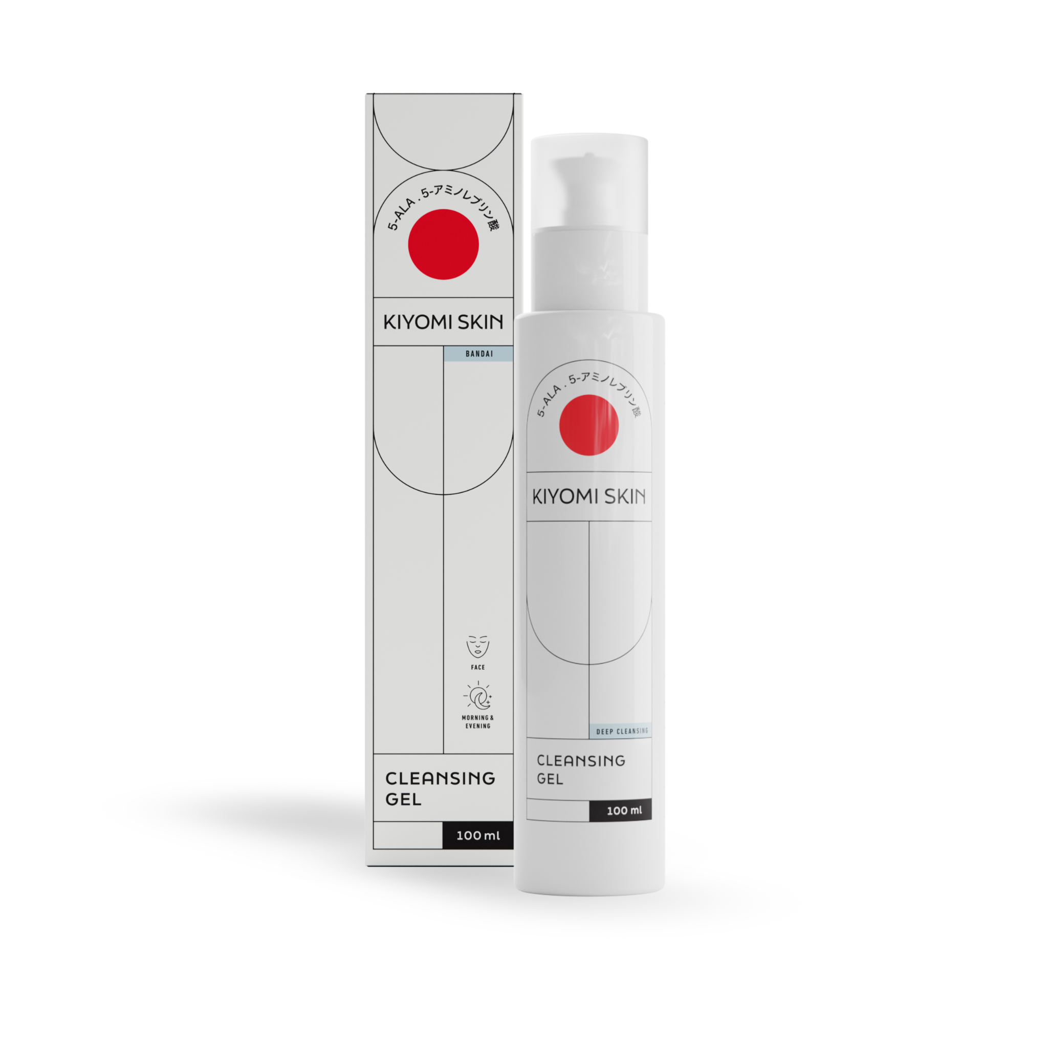 Minimalist white bottle and box of Cleansing Gel with red circle and black text—ideal for gentle facial cleansing with hyaluronic acid.