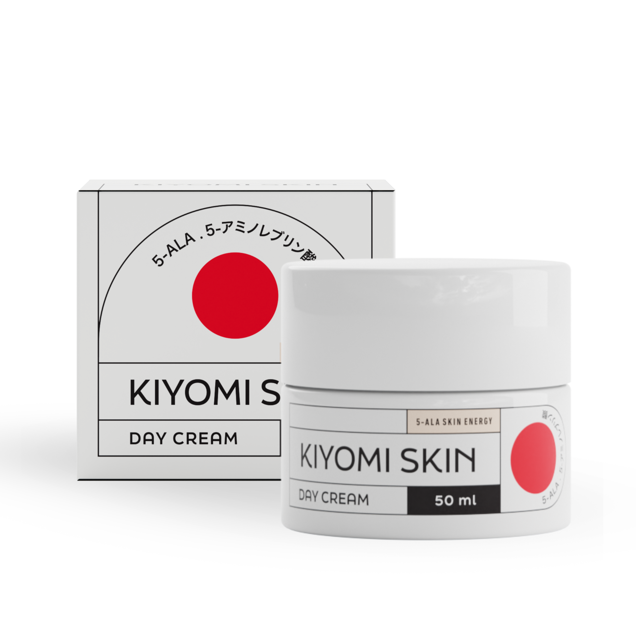 A jar and box of KIYOMI SKIN Day Cream with a red circle and black text on white packaging. This fragrance-free face cream provides intensive moisture and is ideal for sensitive skin.