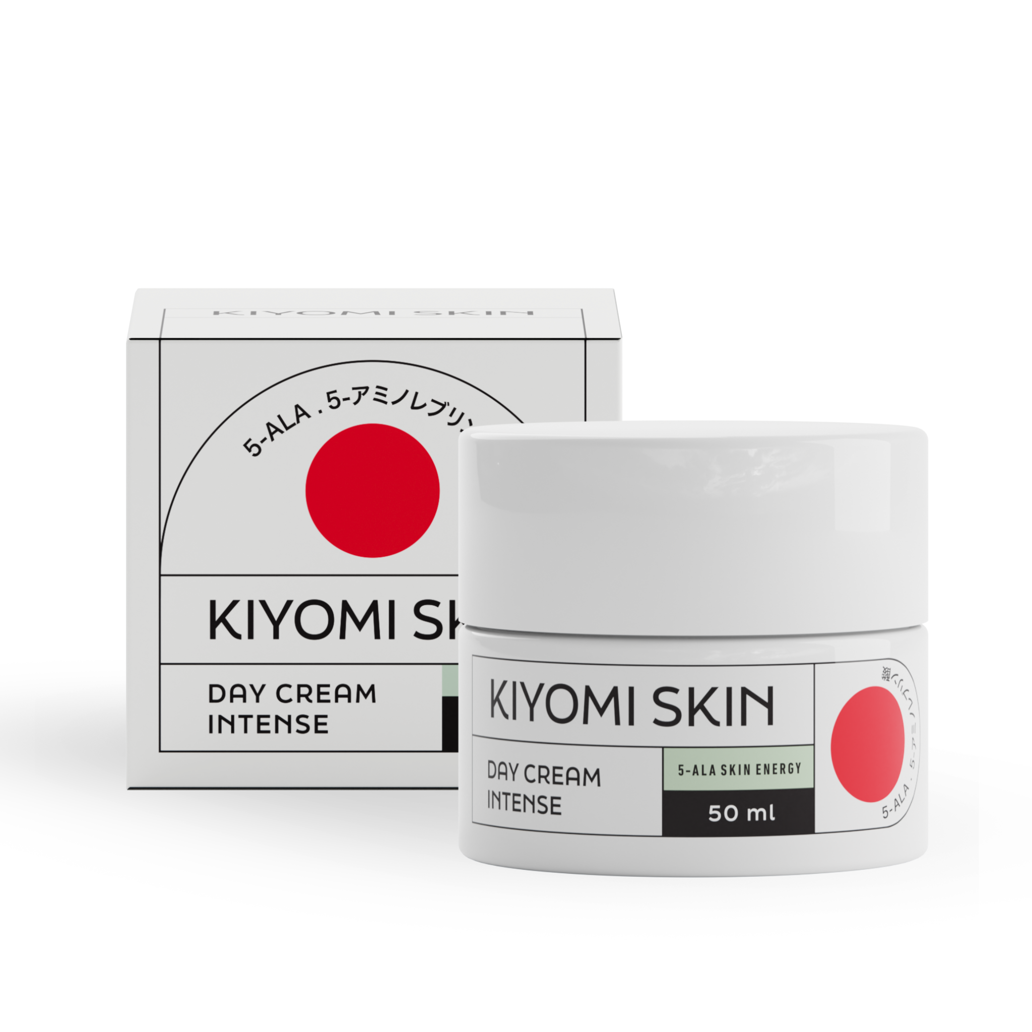 White jar and box of Day Cream Intense, 50 ml, featuring a red circle on the packaging—perfect for intensive facial care and suitable for sensitive skin.