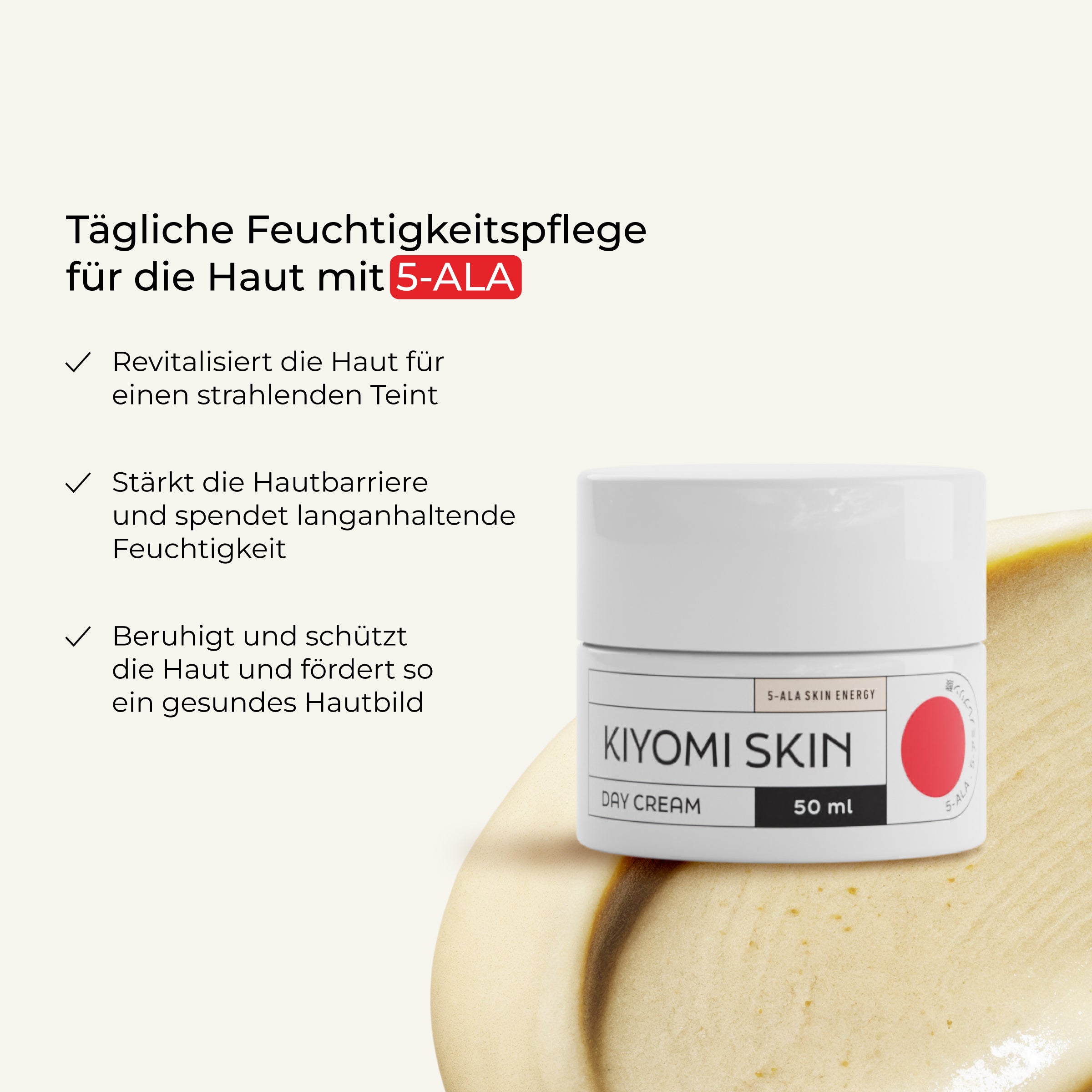 A jar of Midnight Magic & Morning Bright day cream beside German text highlighting its Feuchtigkeitscreme benefits and Hautregeneration, alongside a beige cream smear.