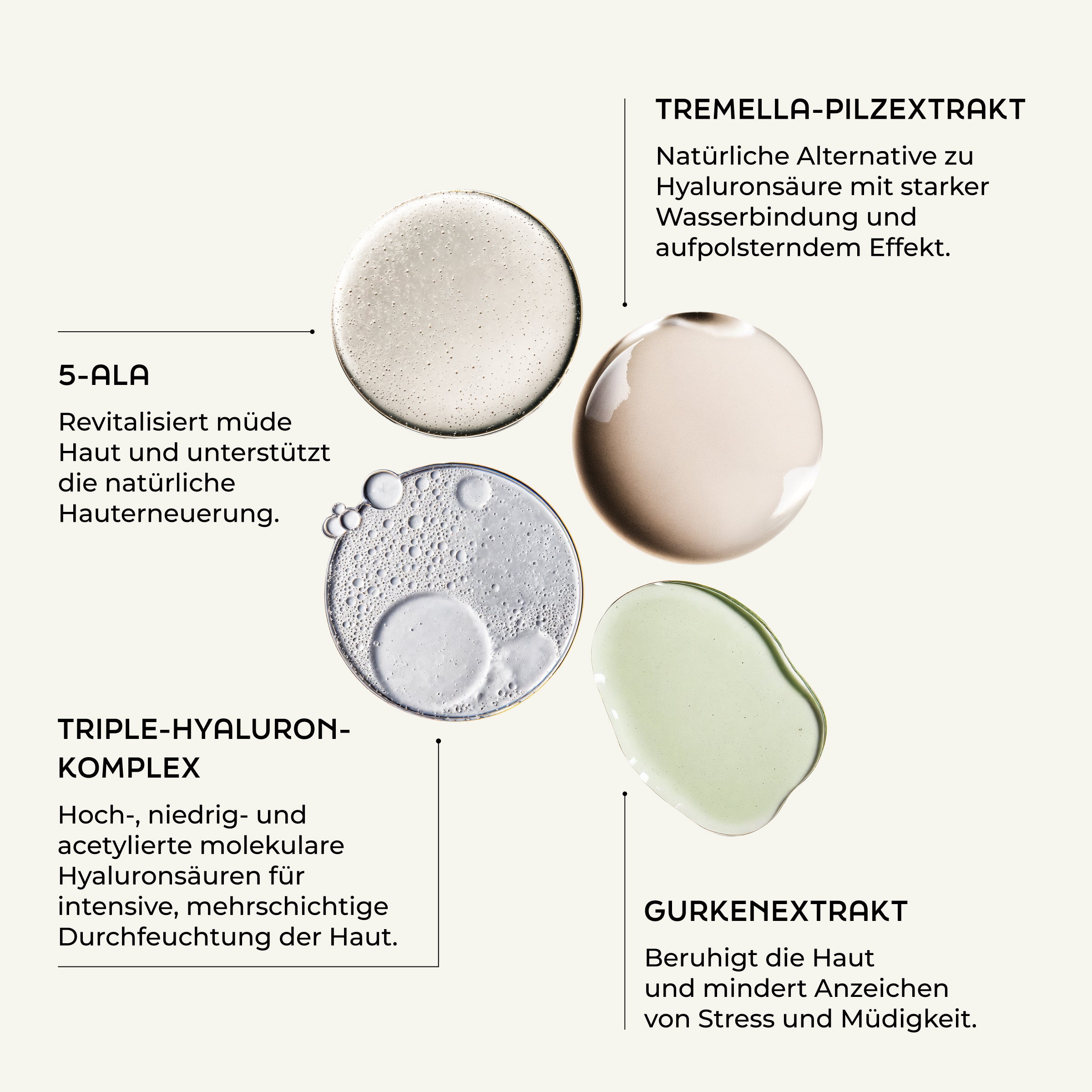 Experience four skincare ingredient samples—tremella mushroom, Day Cream with 5-ALA, hyaluronic complex, and soothing cucumber extract—ideal for intensive moisture care.