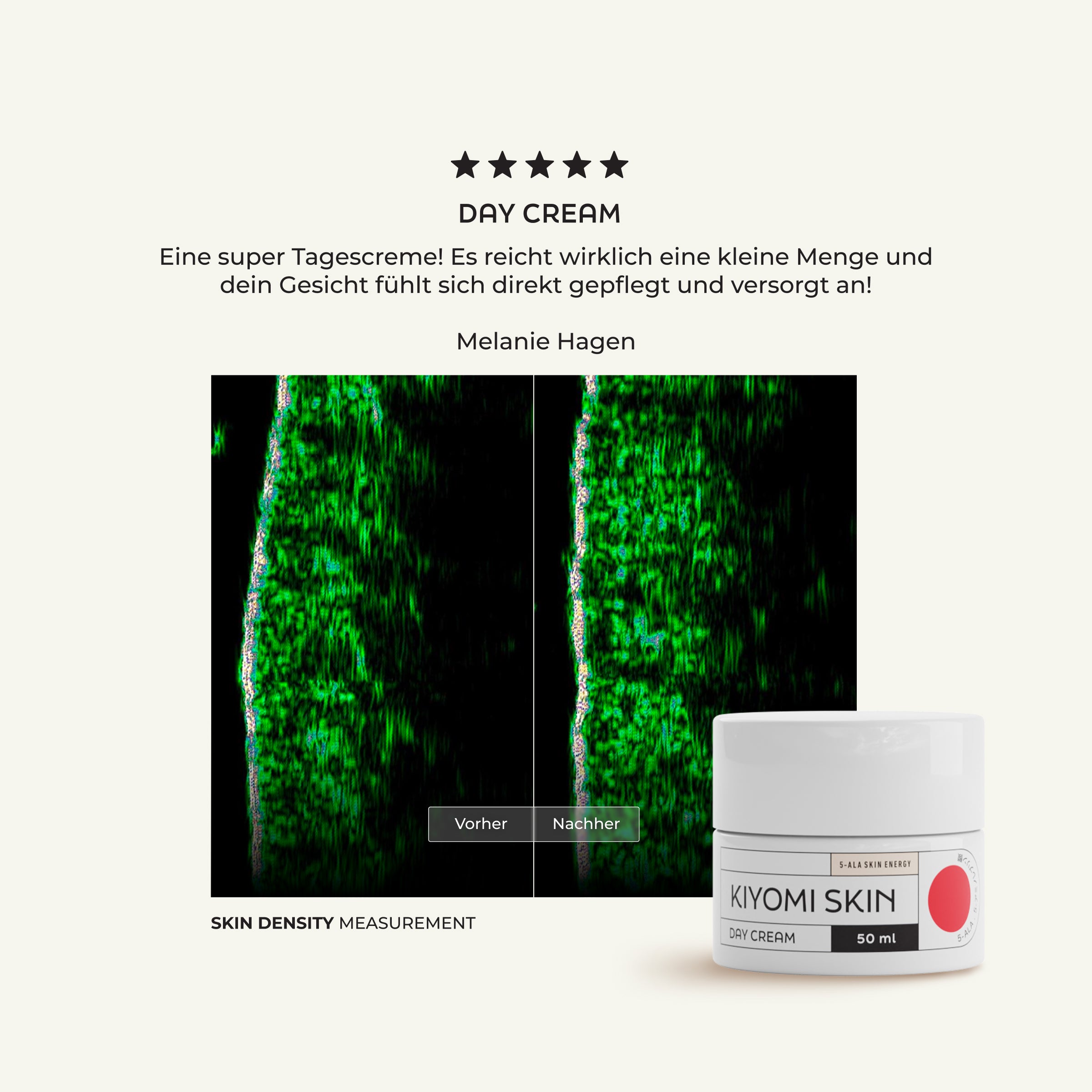 A skincare review showing before-and-after skin scans, with a Day Cream jar at the bottom right.