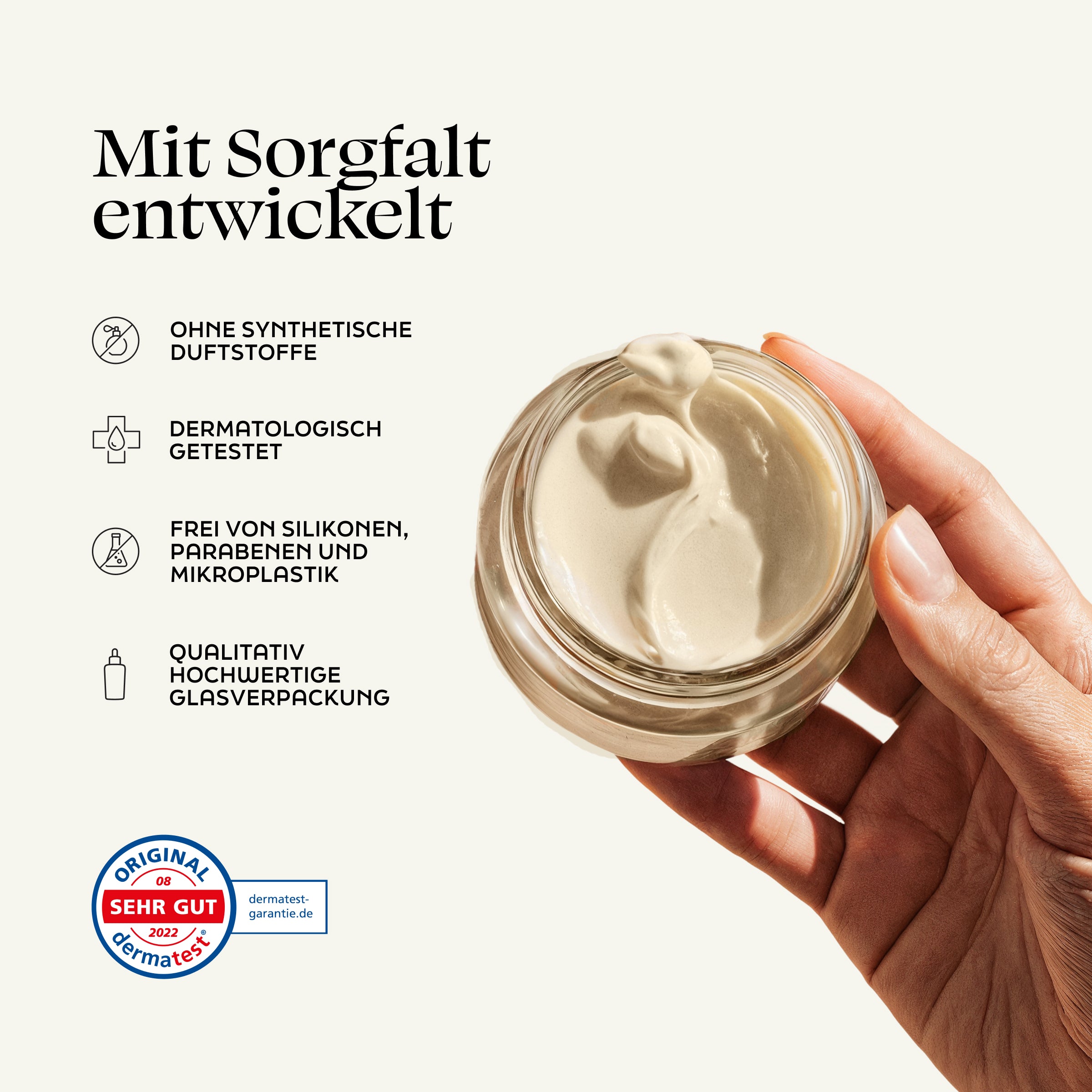 A hand holds an open jar of Midnight Magic & Morning Bright moisturizer, its German label highlighting day and night care benefits against a beige background.