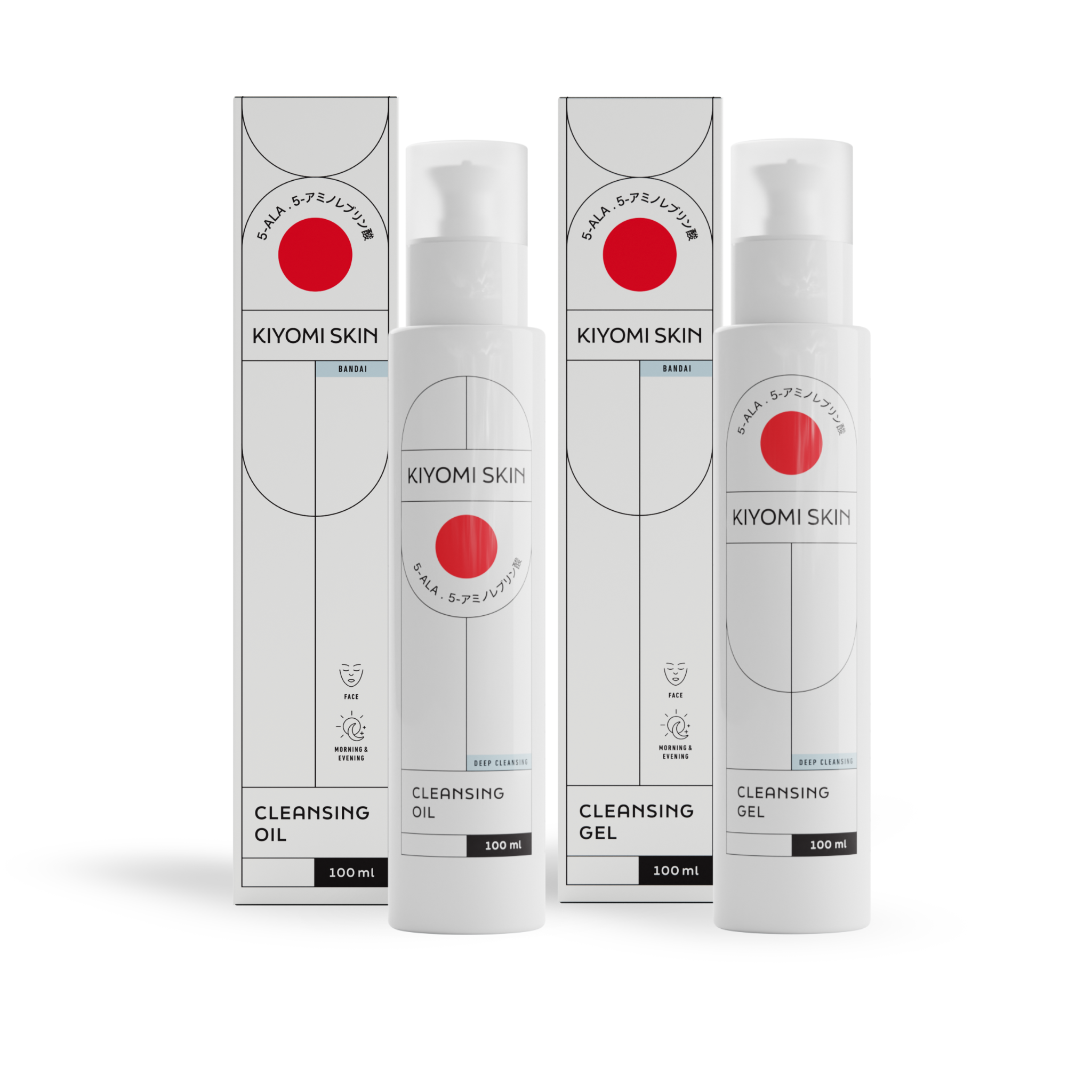 The Double Cleansing Set includes two Kiyomi Skin bottles (Cleansing Oil and Cleansing Gel) with matching white boxes featuring a red circle design—for deep cleansing in a luxurious routine.