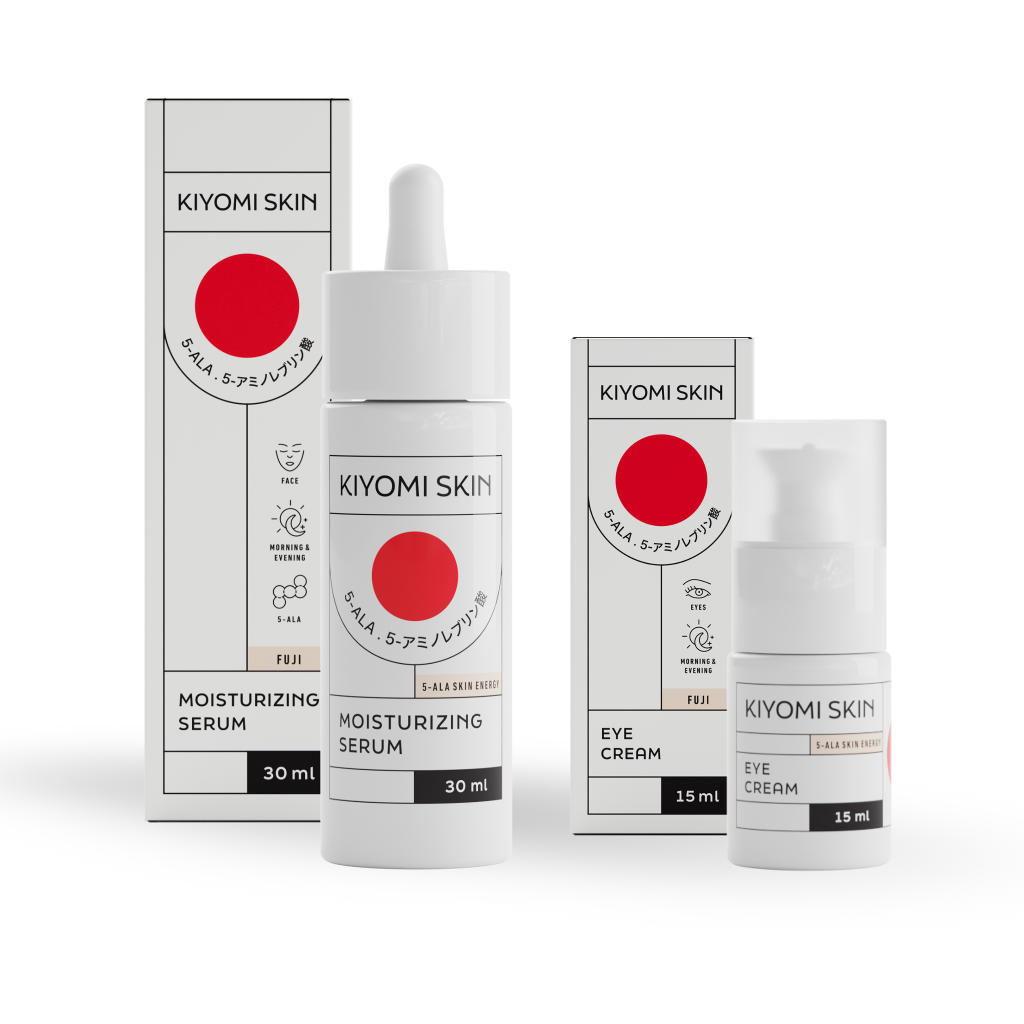 Two Early Morning Essentials skincare products with white packaging and a red circle design, featuring a Hyaluronic Moisture Serum and an Eye Cream.