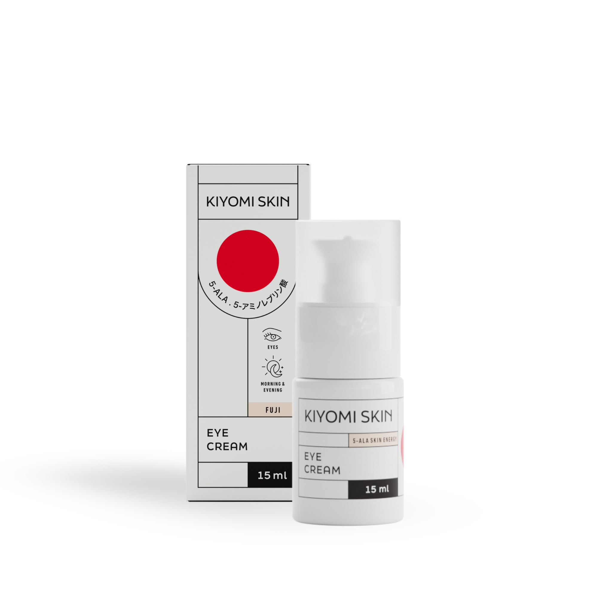 White bottle of Kiyomi Skin Eye Cream (15ml), parfümfrei, with a matching box featuring a red circle and minimalist style—perfect for your Feuchtigkeitsroutine or as part of the Hydra Energy Trio.