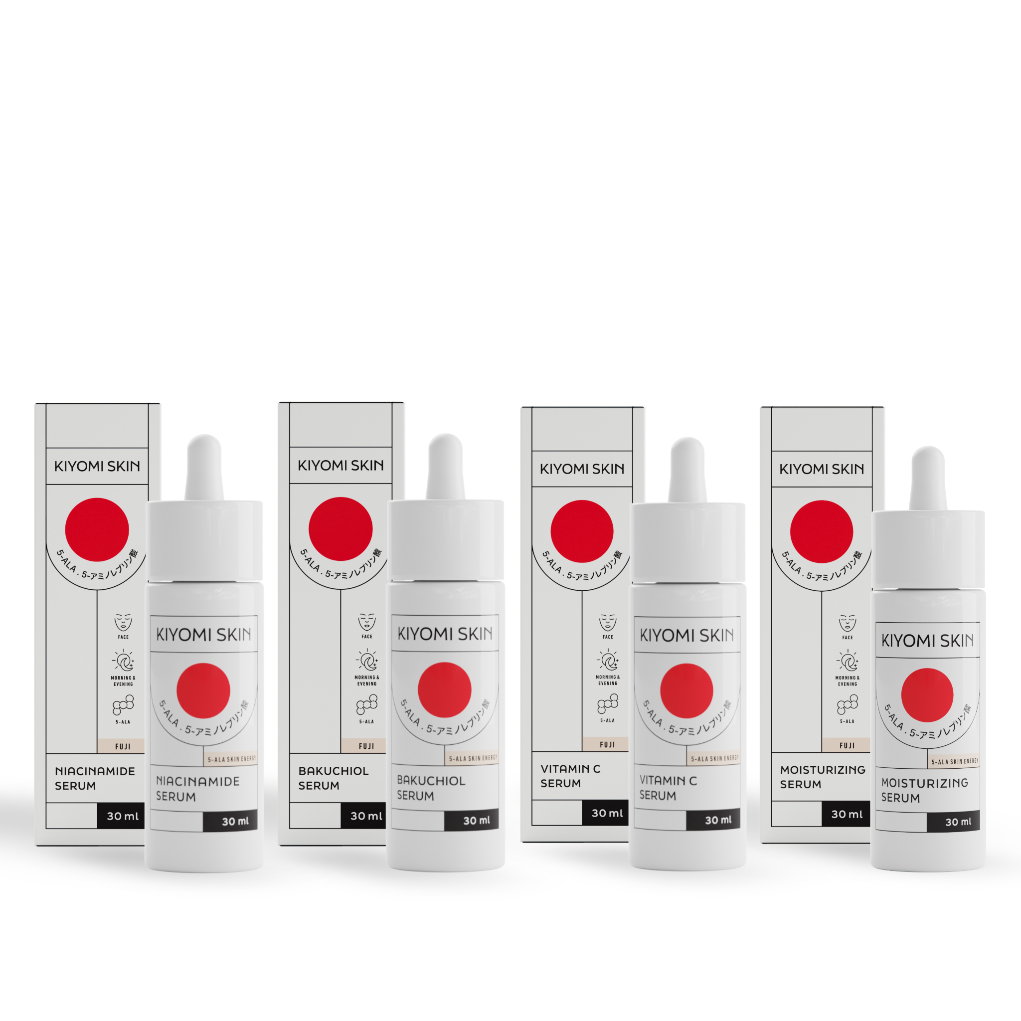 The Full Spectrum Serum Kit includes four Kiyomi Skin serum bottles with ingredient-labeled boxes—ideal for enhancing your Pflegeroutine or as a complete serum set.