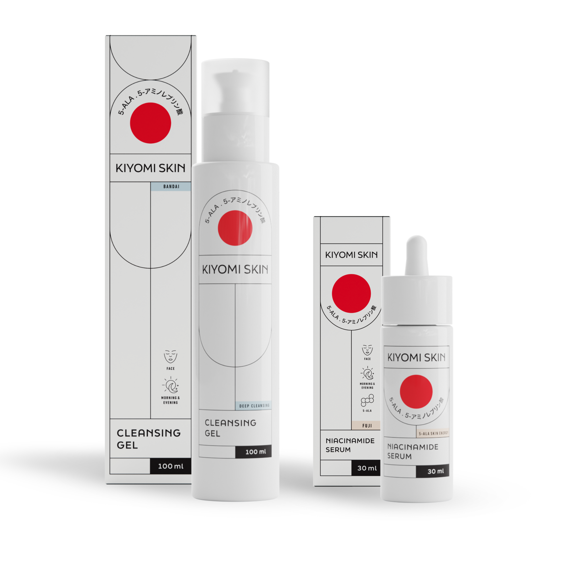 Two KIYOMI SKIN products—the Glass Skin Starter Duo, which includes a Reinigungsgel and Niacinamide Serum—are shown with their packaging.