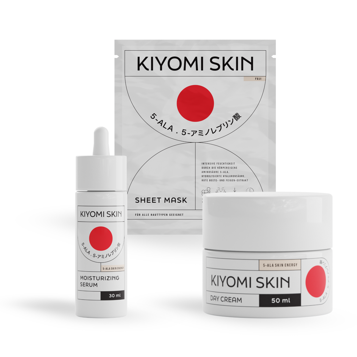 Kiyomi Skin Hydration & Barrier Trio: ein feuchtigkeitsspendendes Serum, eine Gesichtsmaske und eine Tagescreme.
