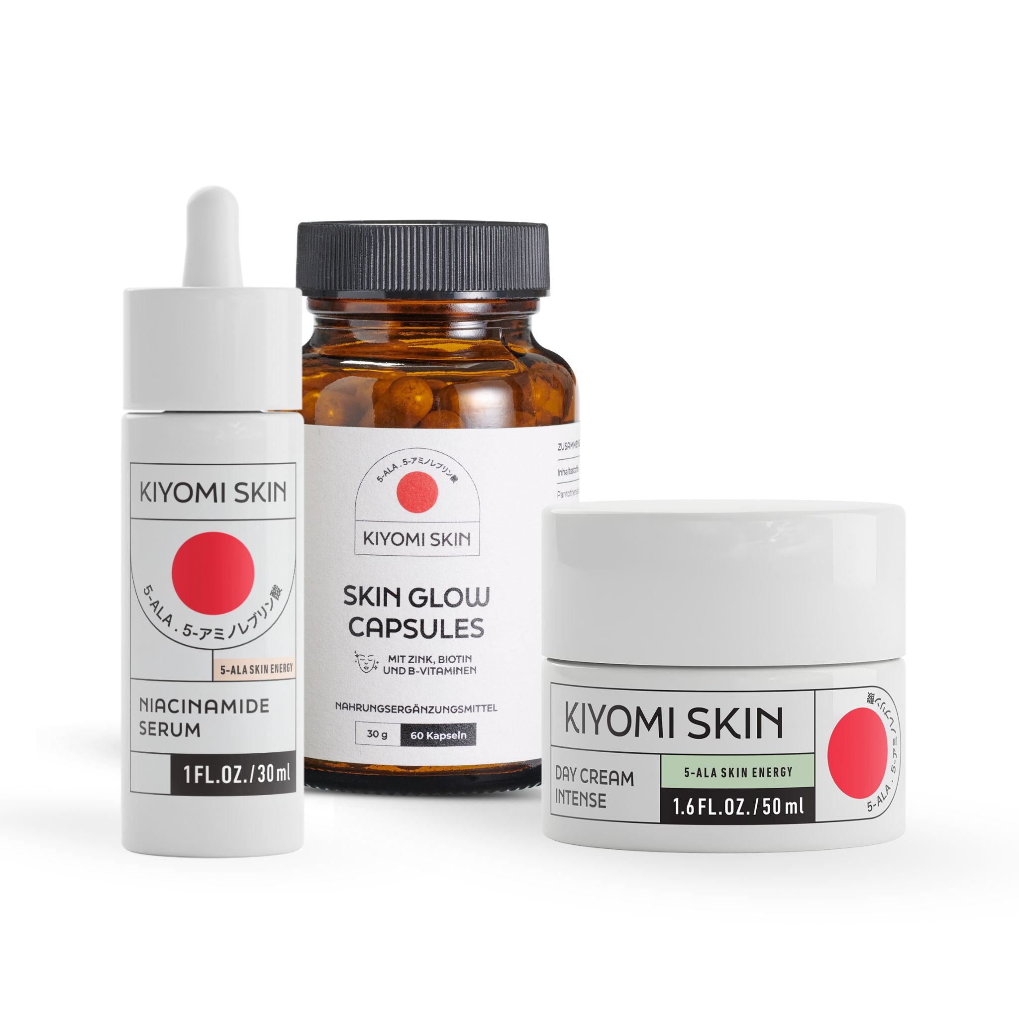 The Skin Glow Essentials - Inner and Outer Glow set, featuring Niacinamide Serum, Skin Glow Capsules with Mikronährstoffe, and Day Cream Intense, displayed on a white background. Experience ganzheitliche Hautpflege.