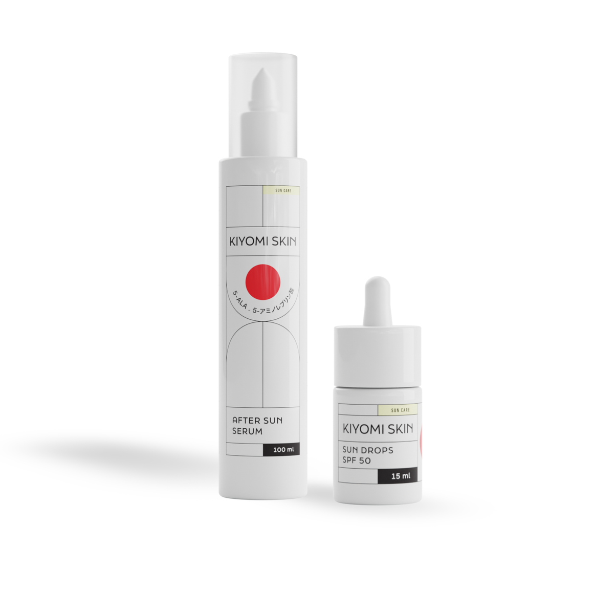 The Sun Protect and Care Set includes two Kiyomi Skin products—an After Sun Serum in a tall bottle and a Sonnenschutzserum LSF 50 (sun drops) in a smaller bottle—both in sleek white packaging.