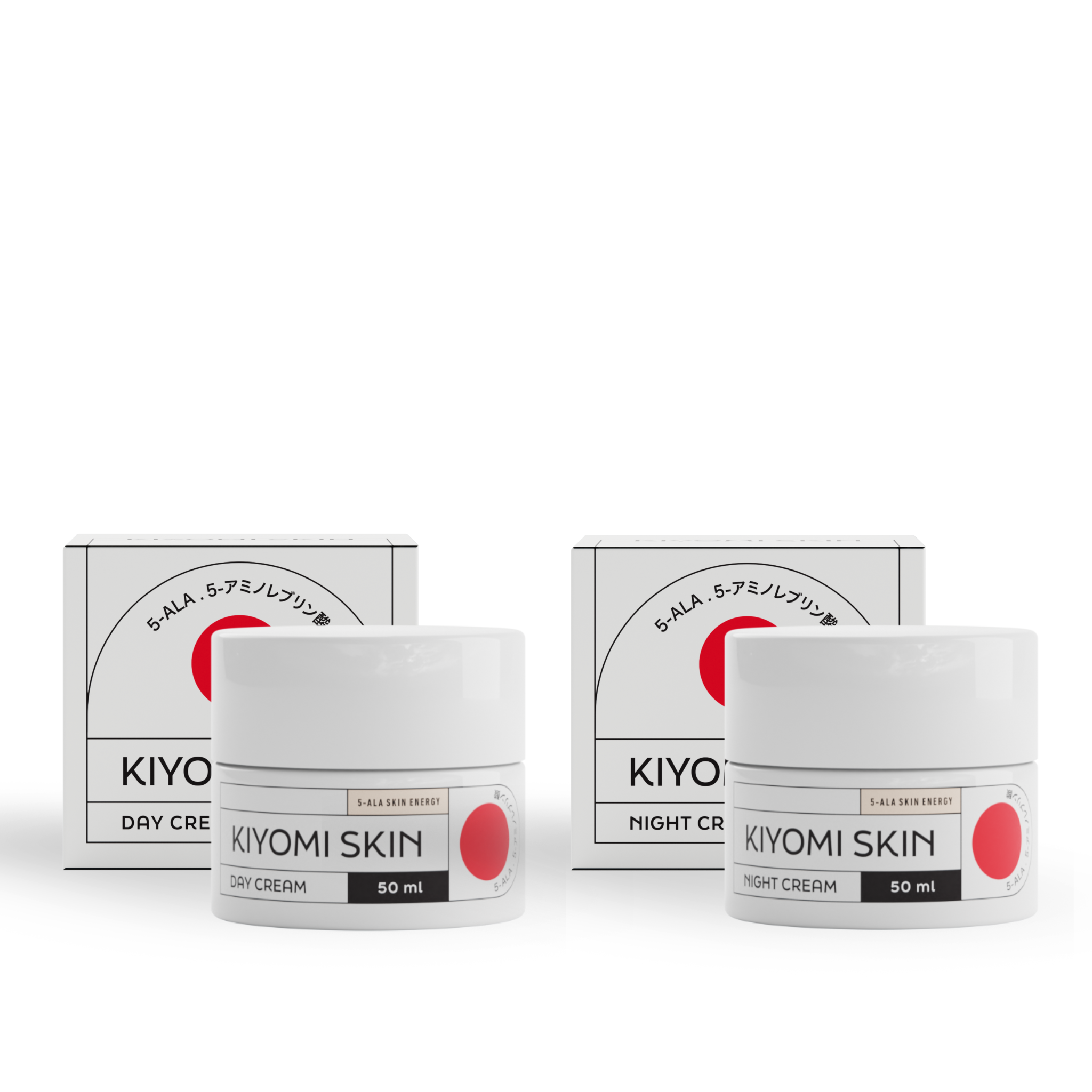 Two jars and boxes of KIYOMI SKIN’s Midnight Magic & Morning Bright creams labeled Day Cream and Night Cream on a white background, perfect for hydration and skin regeneration with their intensive day and night formulas.