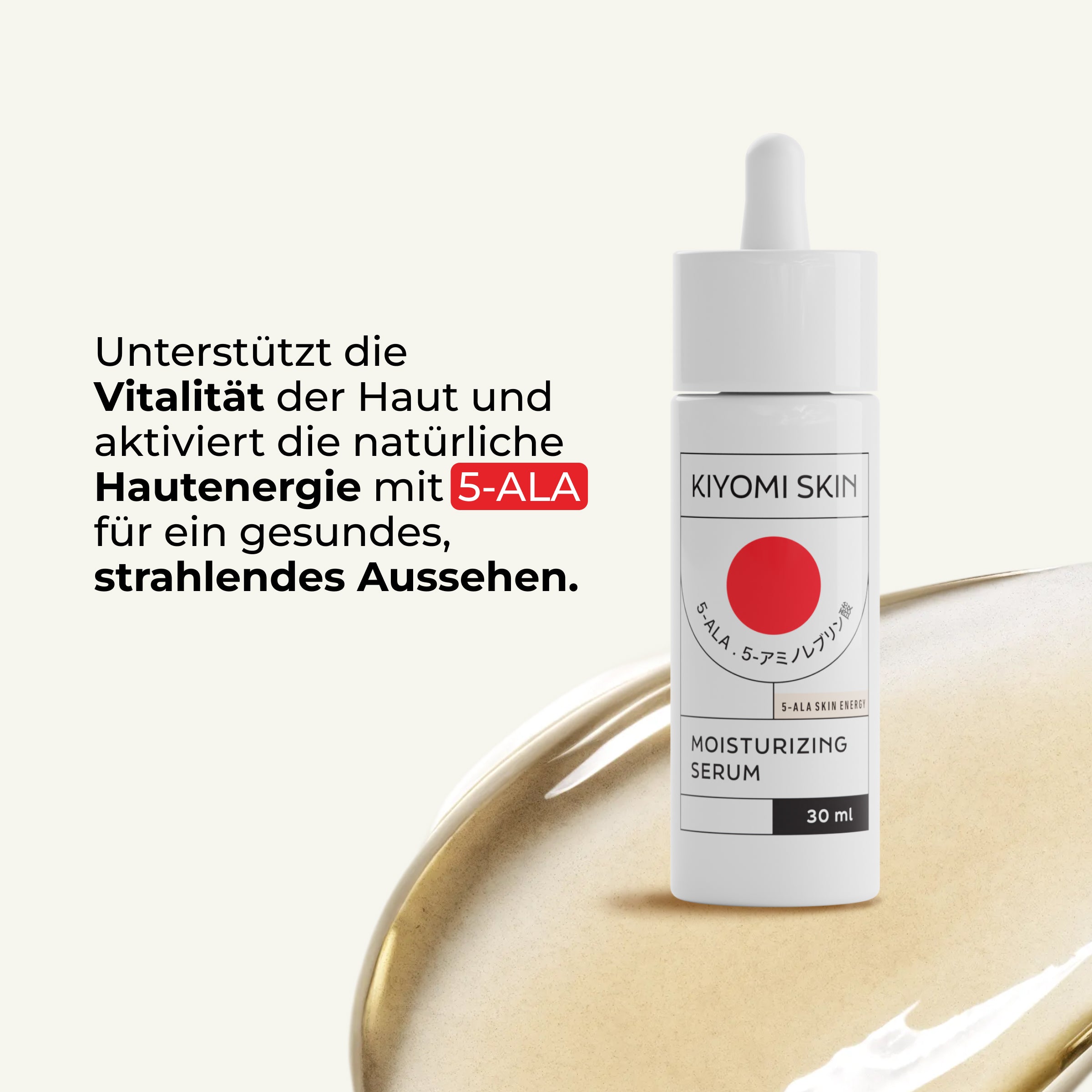 A bottle of Early Morning Essentials stands next to German text highlighting its skin-energizing benefits.