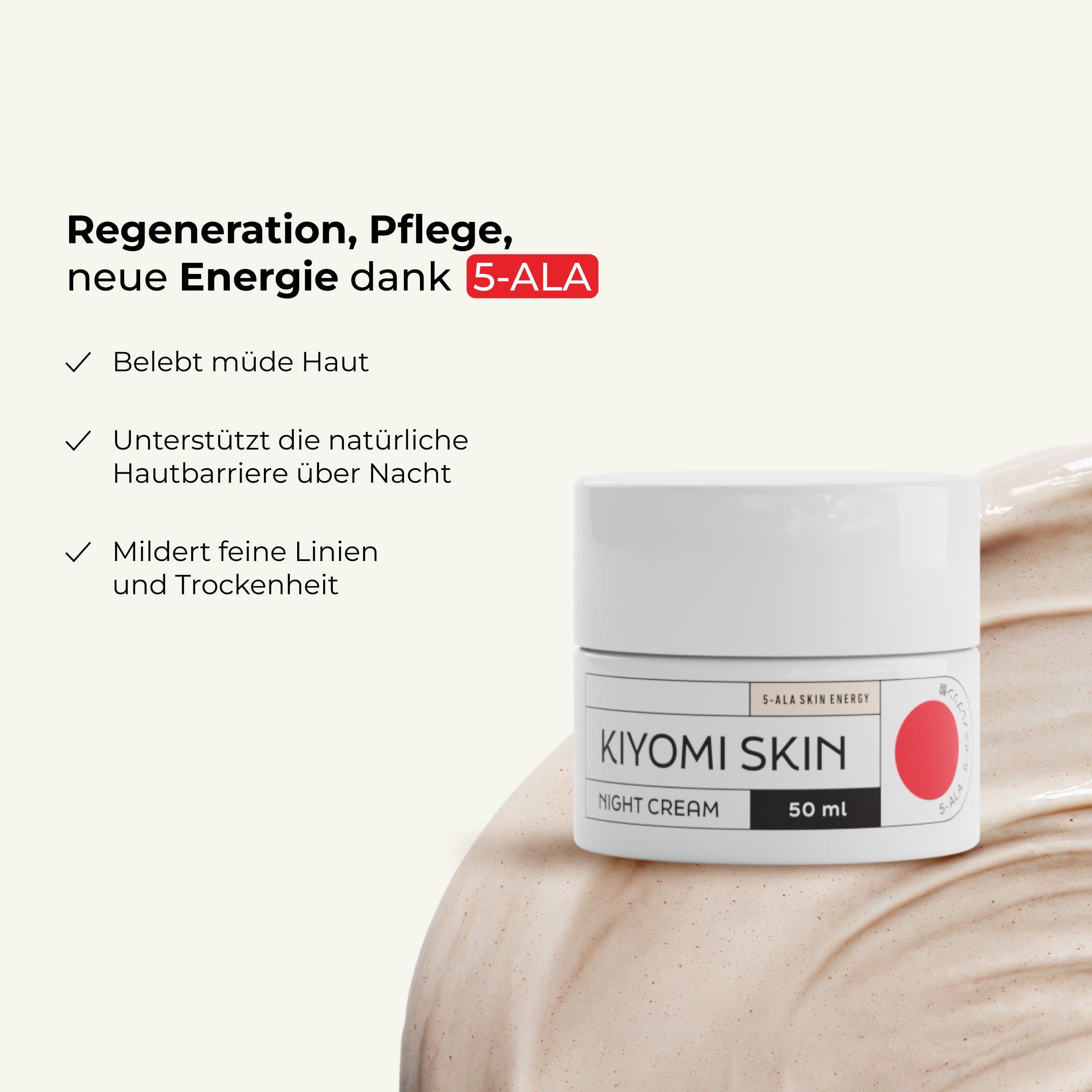 Night cream jar labeled Midnight Magic & Morning Bright with benefits like Hautregeneration and Feuchtigkeitscreme listed in German on a beige, creamy background.