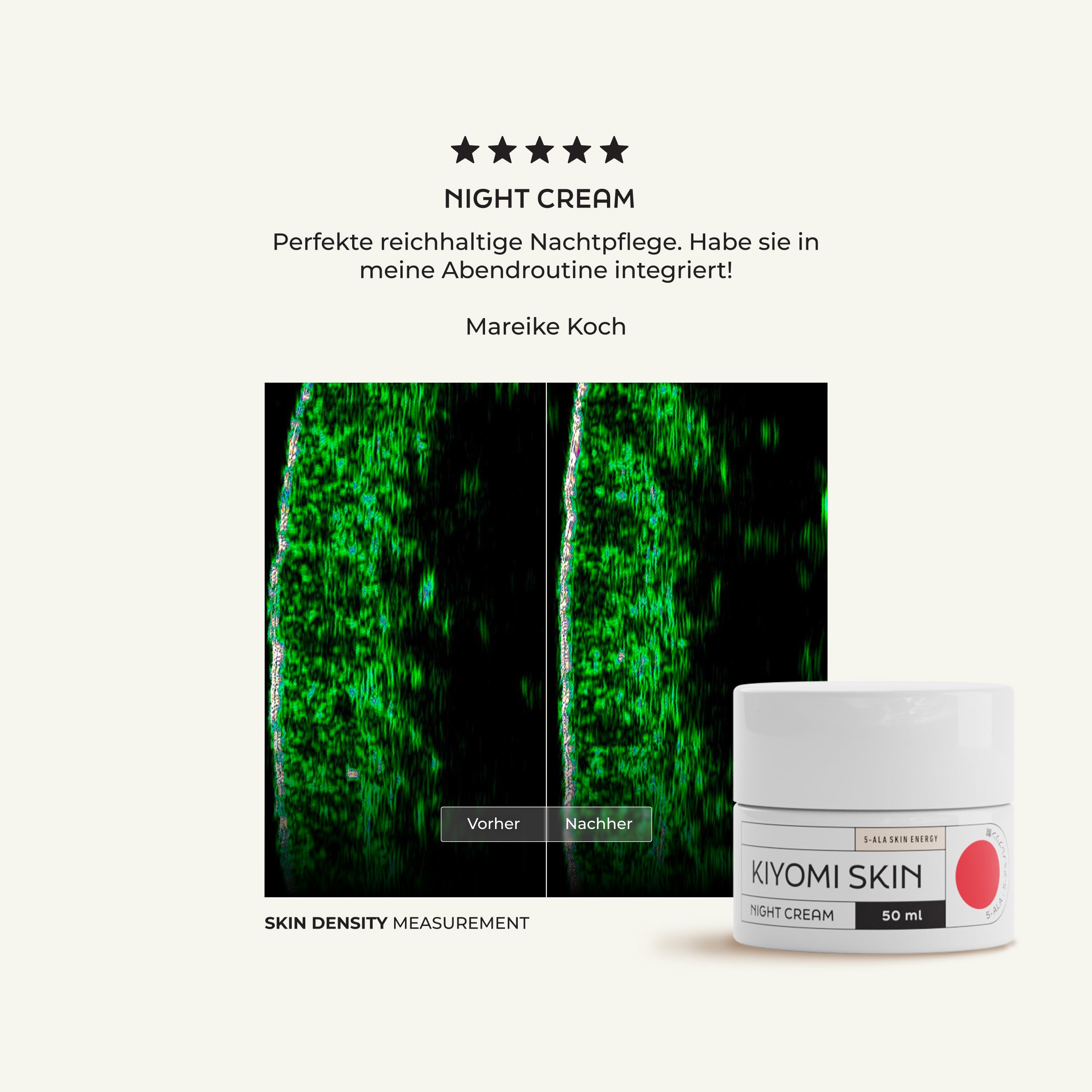 A jar of Midnight Magic & Morning Bright night cream for skin regeneration, shown with a skin density measurement image and a positive customer review in German above it.