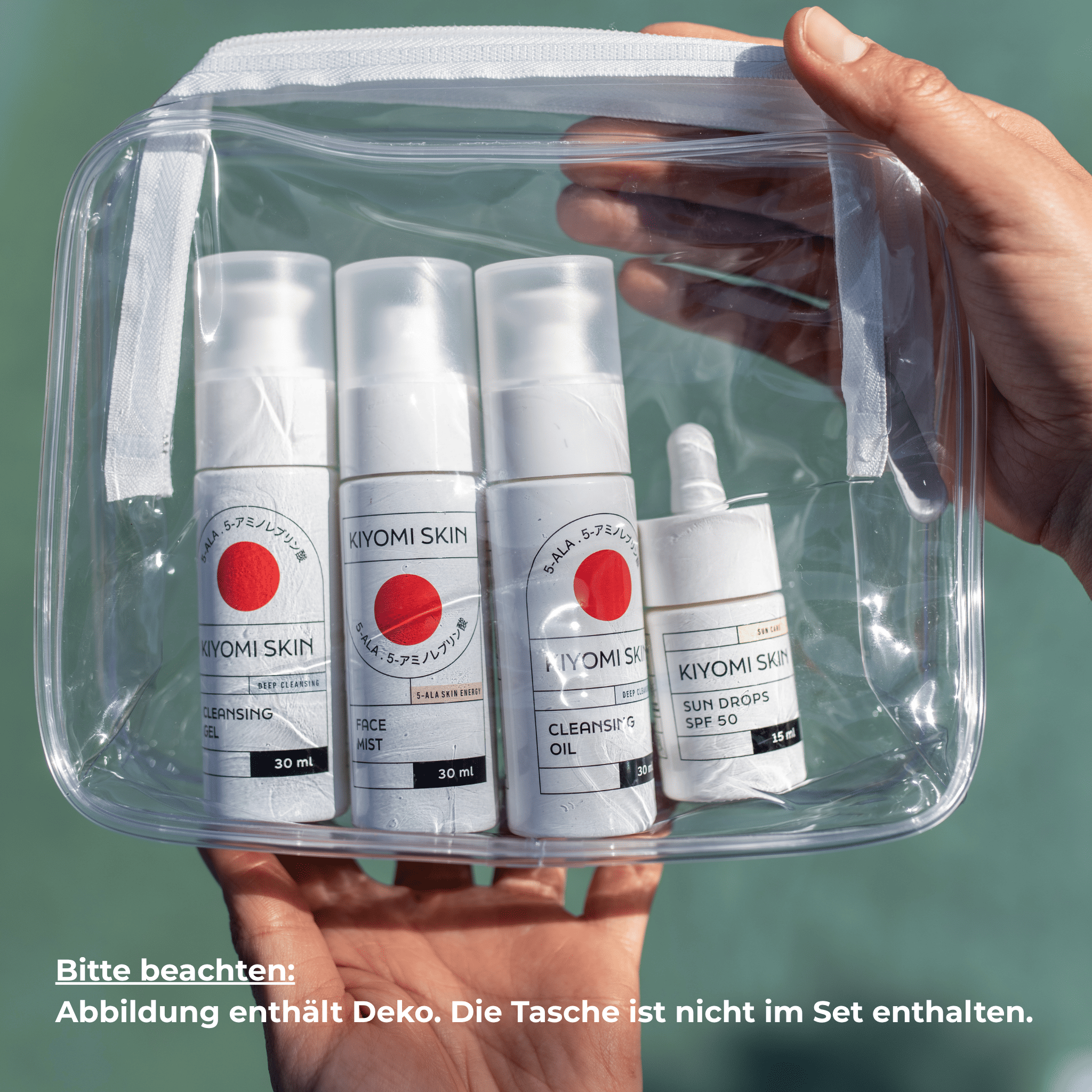 The Quick Refresh Travel Set by Kiyomi Skin—four skincare essentials on a white surface with sunglasses and a beige towel—your ideal travel companion for on-the-go skin care and UV protection.