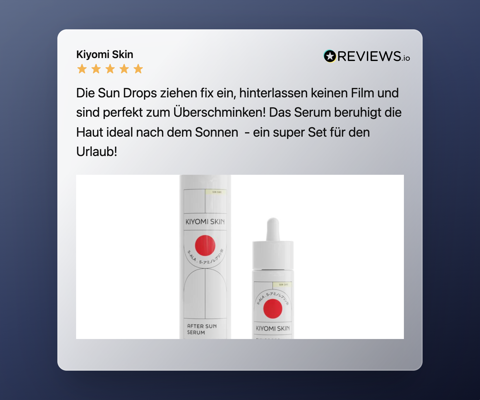A 5-star review of the Sun Protect and Care Set, featuring two white serum bottles—ideal for daily care thanks to its high sun protection factor.