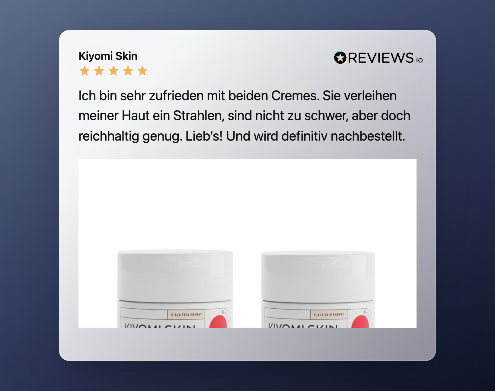 A 5-star review praises Kiyomi Skin’s Midnight Magic & Morning Bright creams, featuring a partial view of two jars. Ideal for Feuchtigkeitspflege and sichtbare Hautregeneration.