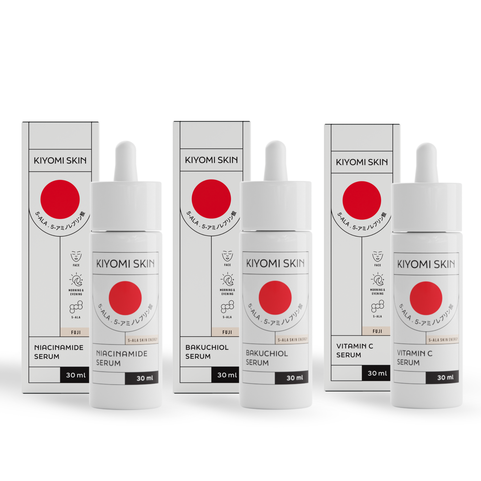 The Serum Trilogy Radiance & Renewal set includes three Kiyomi Skin serum bottles in boxes labeled Niacinamide, Bakuchiol, and Vitamin C for glowing skin.
