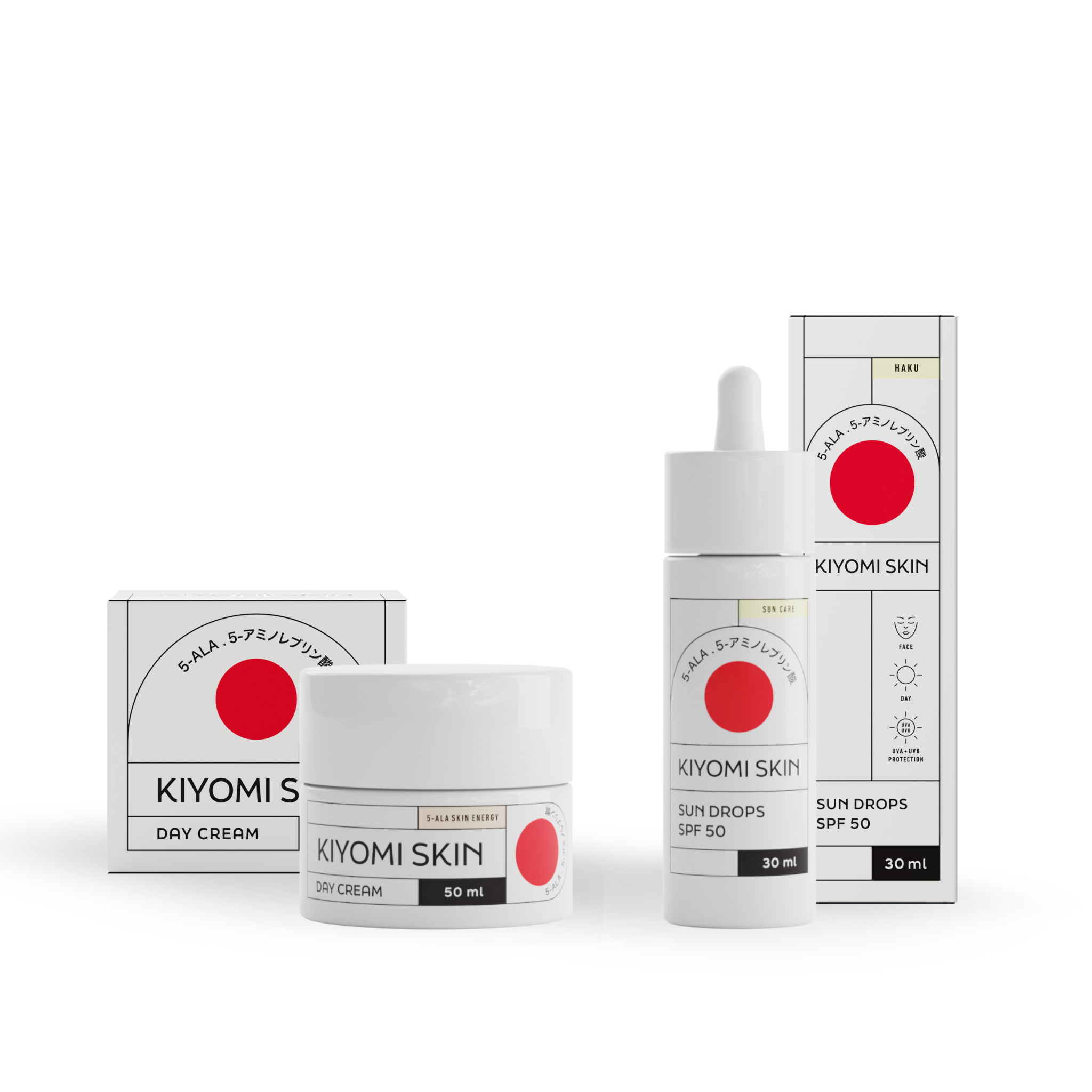 The Skin Protection Duo offers UV protection with SPF 50 and comes in sleek white packaging featuring a red circle logo.