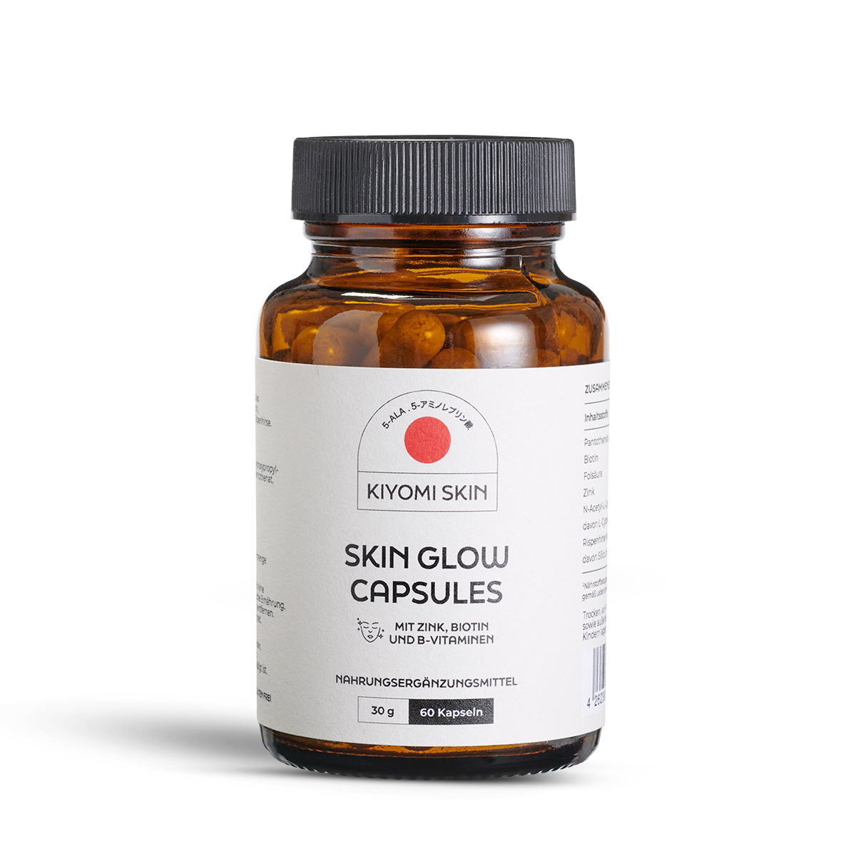 Brown bottle labeled Skin Glow Zinc & Biotin Capsules, containing 60 capsules for skin health, enriched with Biotin and Zinc, on a white background.