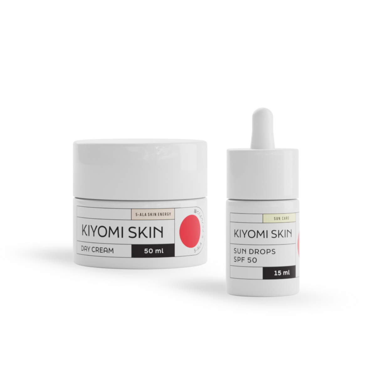 The Skin Protection Duo by Kiyomi Skin includes a white jar of Feuchtigkeitscreme and a white bottle of Sun Drops SPF 50, both featuring red circles for stylish UV-Schutz.