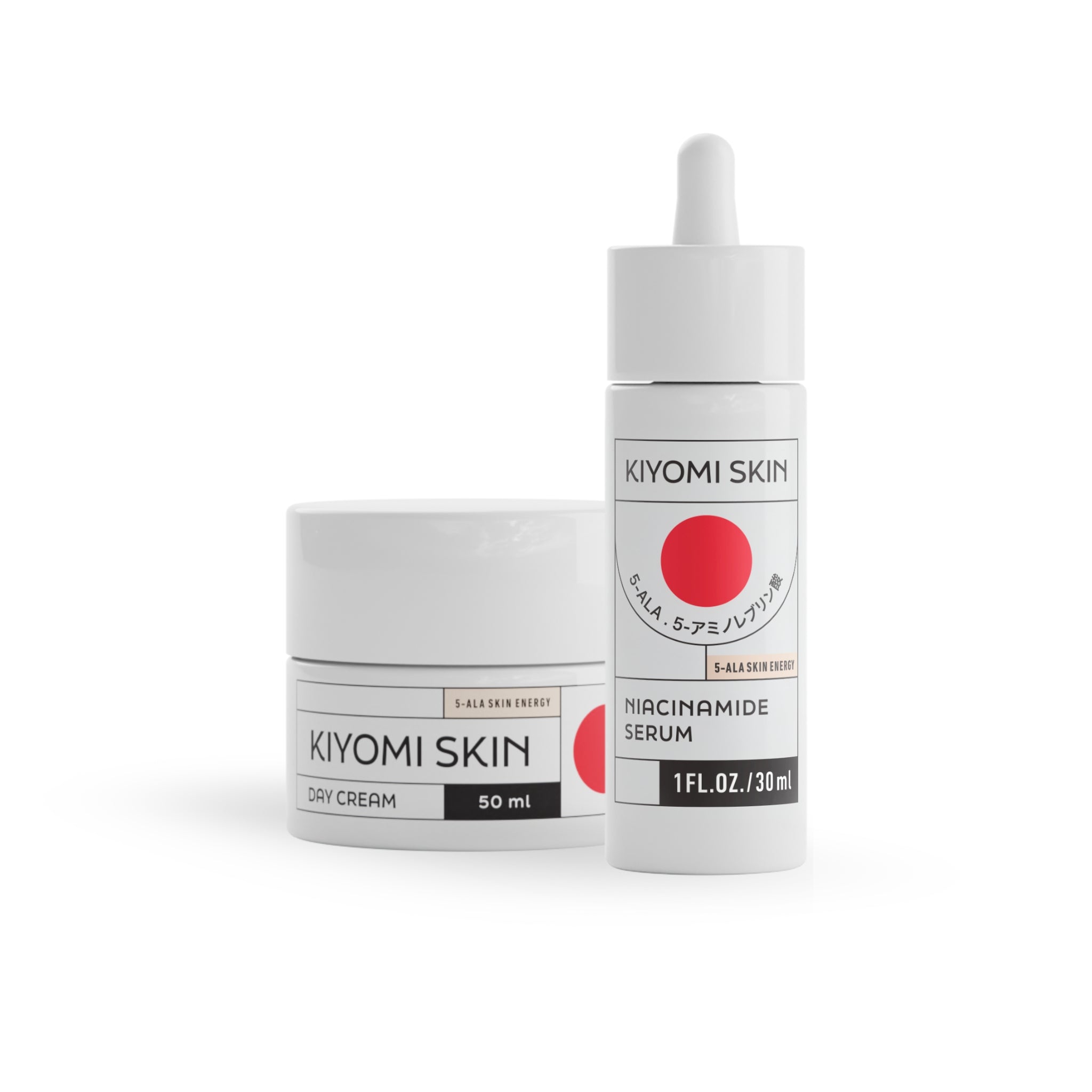 The Easy Glow Duo, featuring a Day Cream jar and a Niacinamide Serum bottle with a dropper, is captured on a white background and designed to enhance your natürlicher Glow.
