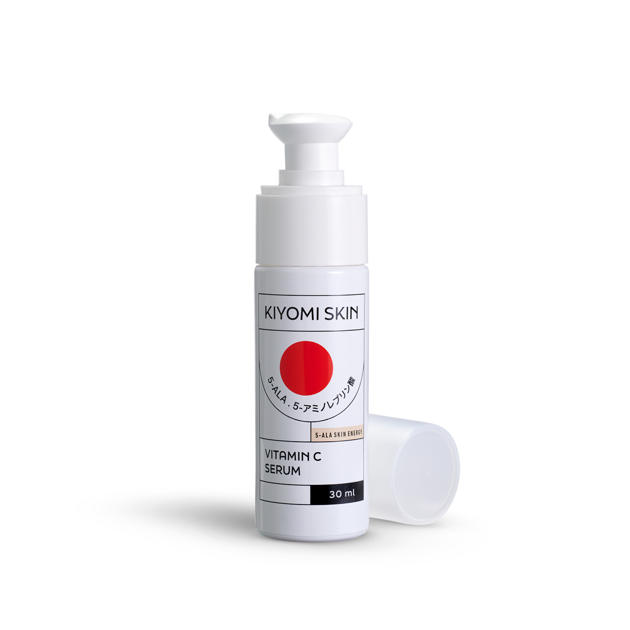 A white bottle of Vitamin C Serum with the cap open and a red circle on the label.