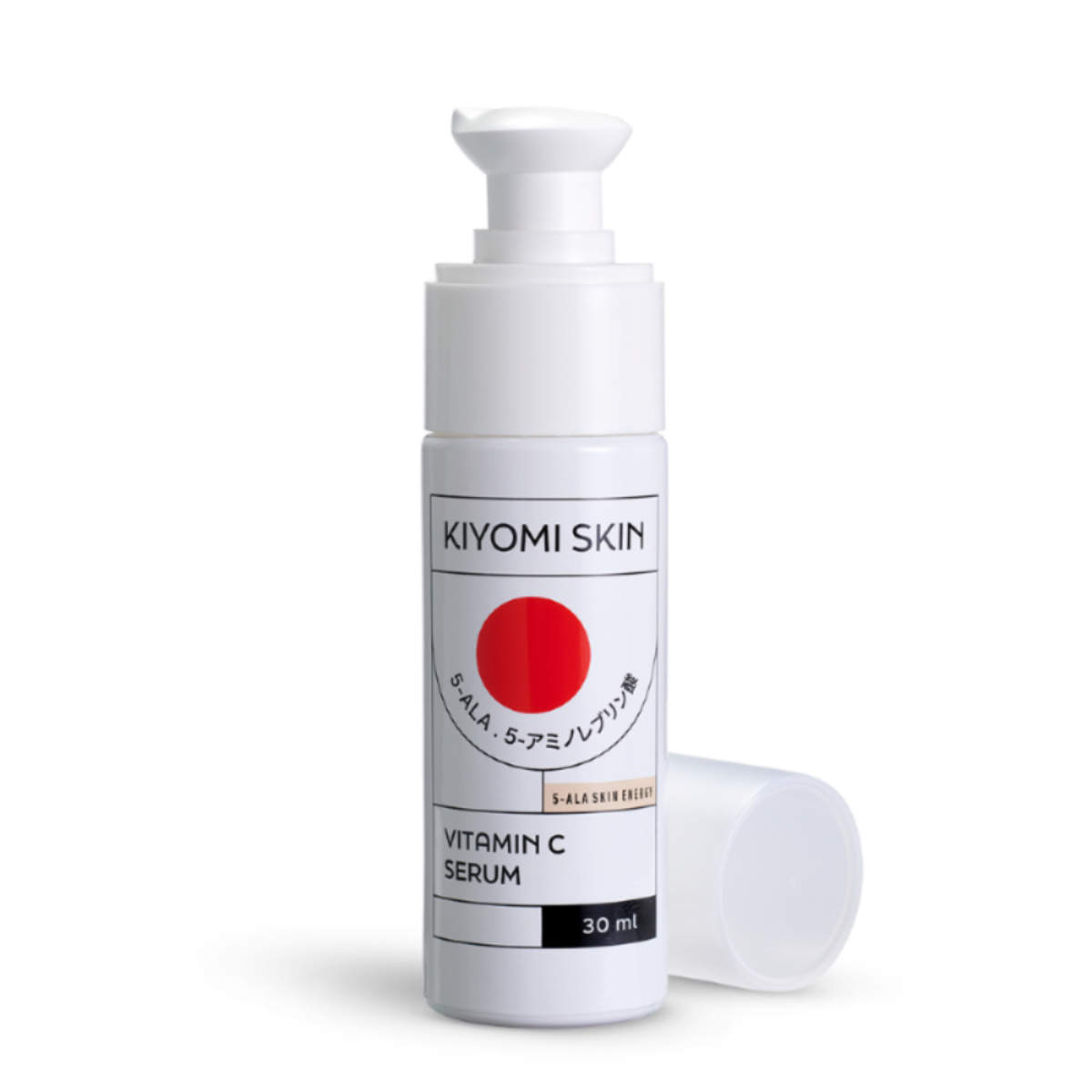 30ml white bottle of Vitamin C Serum with red-circle label and clear cap—perfect for targeting pigment spots and brightening your complexion.