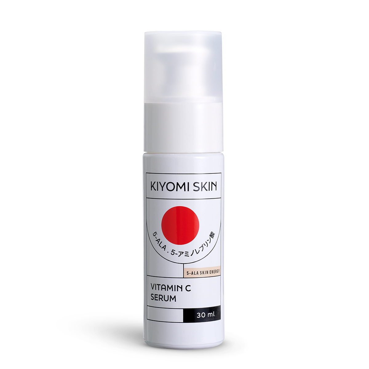 A 30 mL white bottle of Vitamin C Serum with Hyaluronsäure, red circle and black text on the label—ideal for targeting pigment spots.