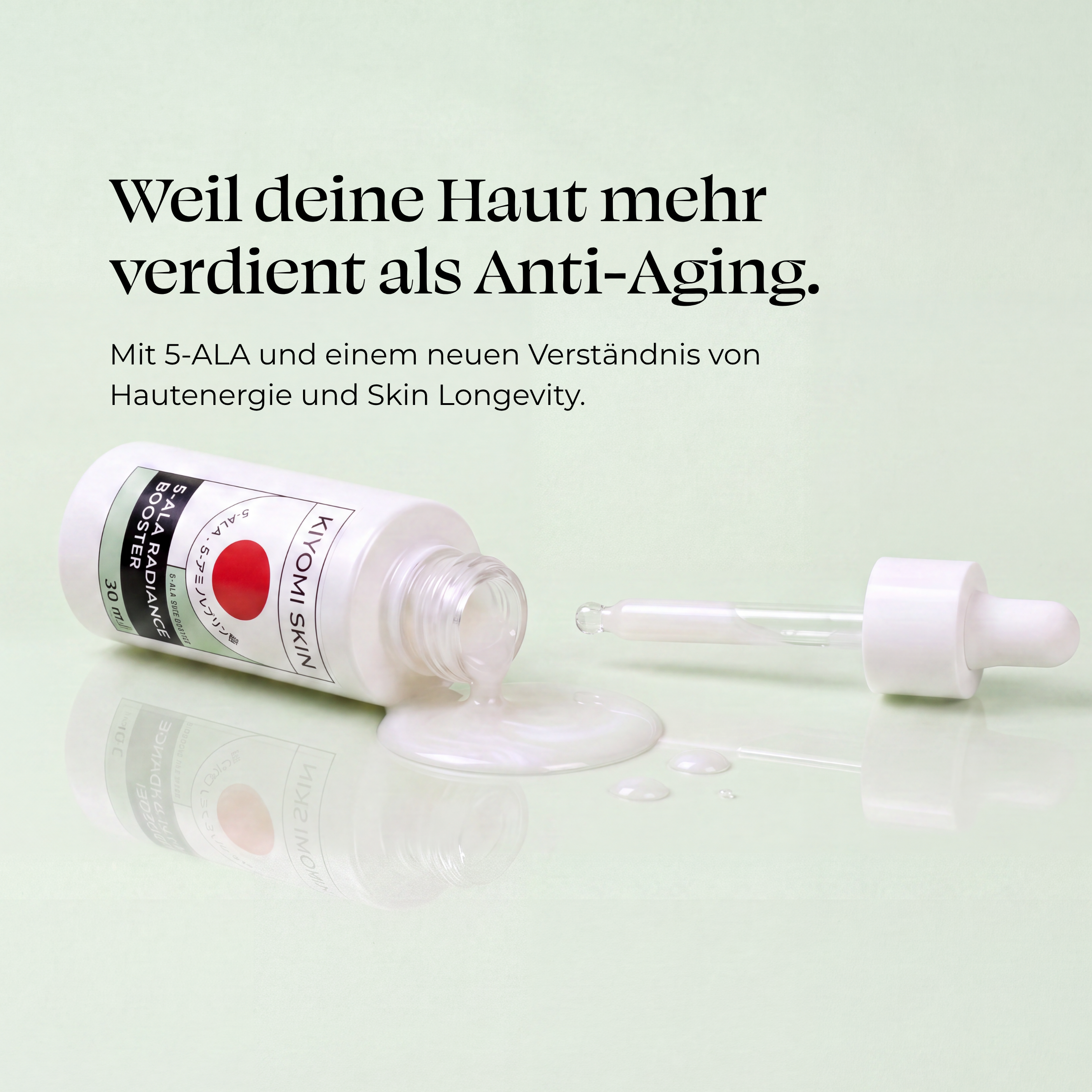 A serum bottle with liquid spilled and a dropper beside it, featuring German text about skincare and anti-aging, highlighting the 5-ALA Radiance Booster Serum and terms like Hautenergie for a true radiance-boosting effect.