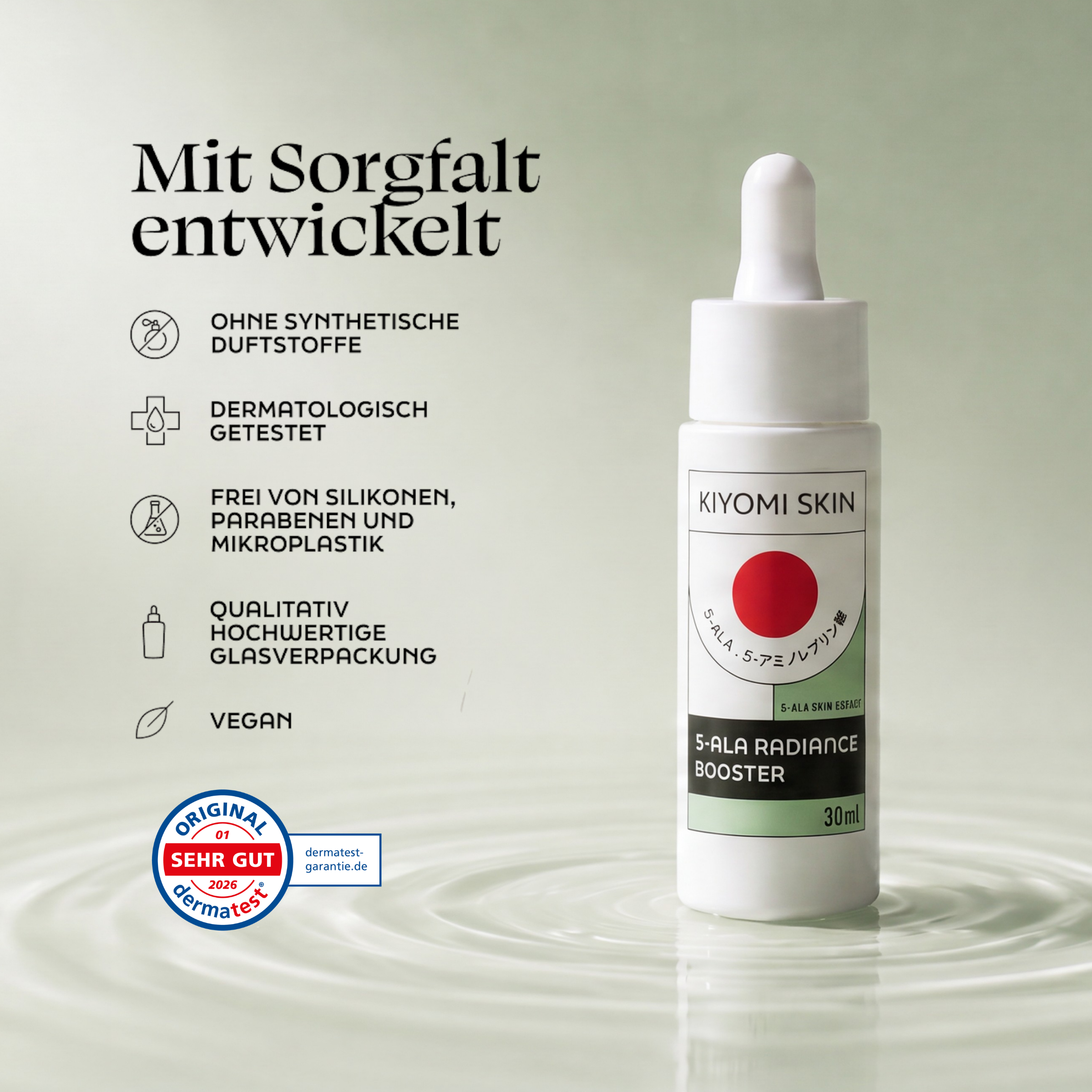 5-ALA Radiance Booster Serum bottle on rippling water, German text and icons showcasing benefits like "Ohne synthetische Duftstoffe," "Dermatologisch getestet," and a Dermatest "Sehr gut" seal.