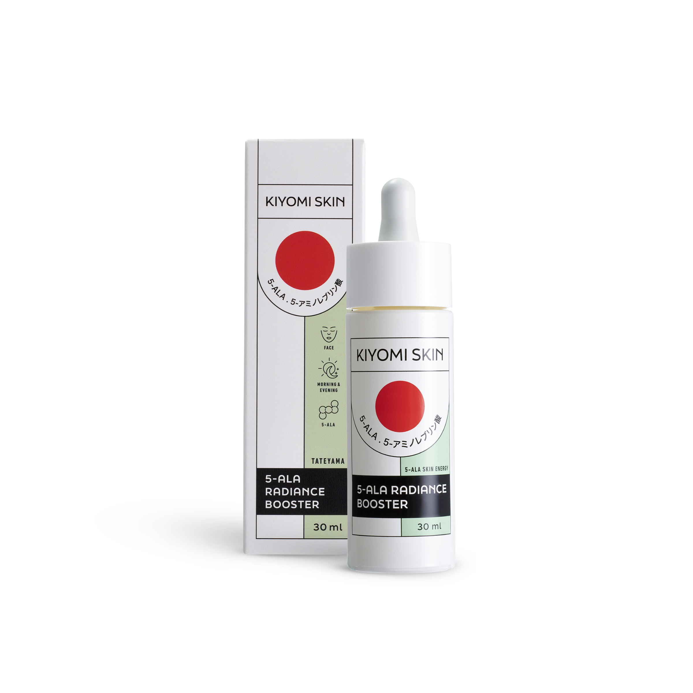 A white bottle and box labeled 5-ALA Radiance Booster Serum (30 ml), each featuring a red circle, delivers enhanced skin energy and the revitalizing benefits of a 5-ALA formula.
