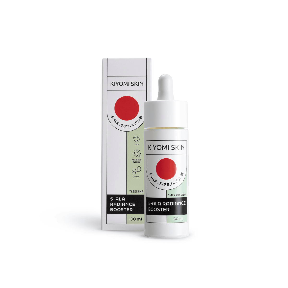 Eine weiße Serumflasche und eine Schachtel mit der Aufschrift „Kiyomi Skin 5-ALA Radiance Booster Serum“, die mit einem roten Kreismotiv verziert sind und ein hochentwickeltes 5-ALA-Serum enthalten, das für sichtbare Ausstrahlung und mehr Energie für die Haut sorgt.