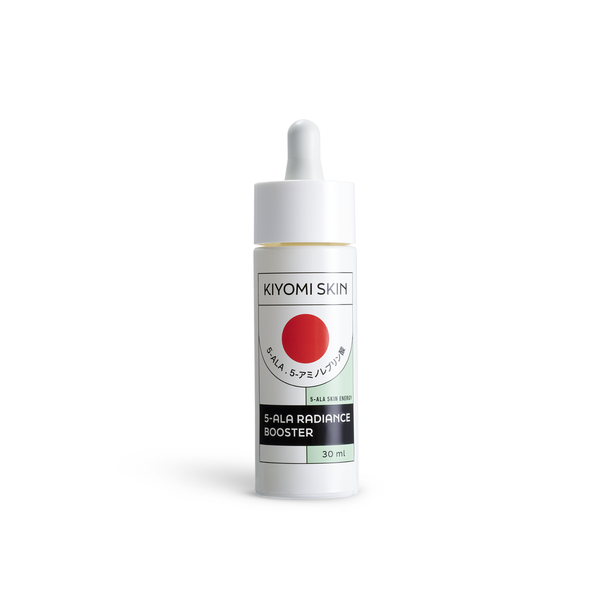 A white dropper bottle labeled 5-ALA Radiance Booster Serum, 30 ml, with a bold red circle design. This serum is expertly formulated to enhance Hautenergie and reveal luminous, radiant skin.