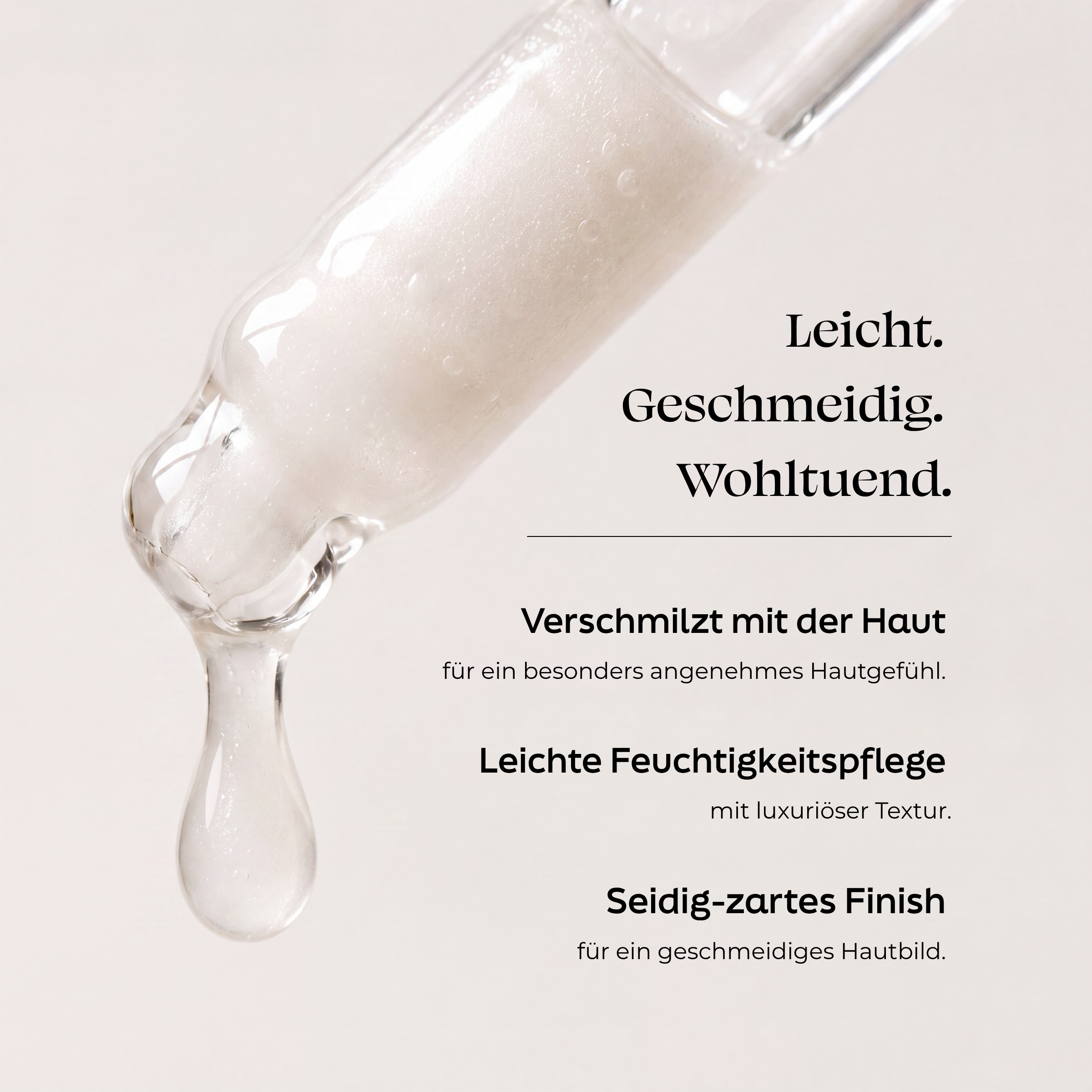 Close-up of pearlescent serum dripping from a glass dropper, with German text describing the lightweight, silky texture that absorbs smoothly into the skin.