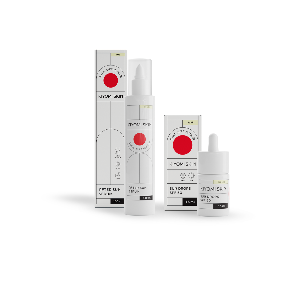 Zwei Hautpflegeprodukte aus dem SBI ALApromo Sun Protect and Care Set mit Verpackungen, weißen Flaschen, roten Kreisen und minimalem Text auf den Etiketten – bestehend aus einem Sonnenschutzserum mit LSF 50 und einem beruhigenden After-Sun-Serum für eine umfassende Sonnenpflege.