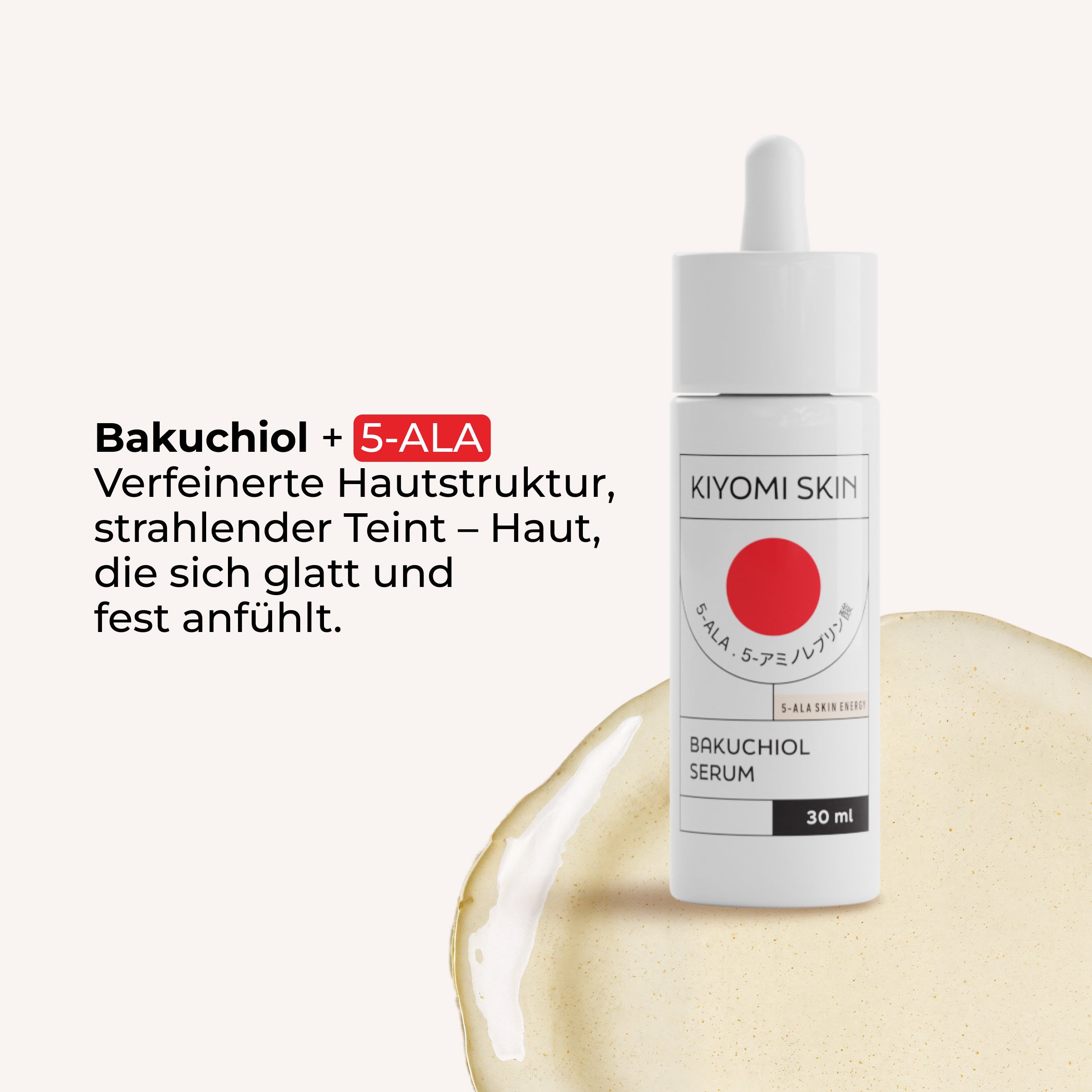 Eine Flasche Serum Trilogy Radiance & Renewal mit deutschem Text zu den Vorteilen von Bakuchiol und Vitamin C für strahlende Haut. Ideal als Teil eines Serum Sets für Ihre tägliche Pflegeroutine.