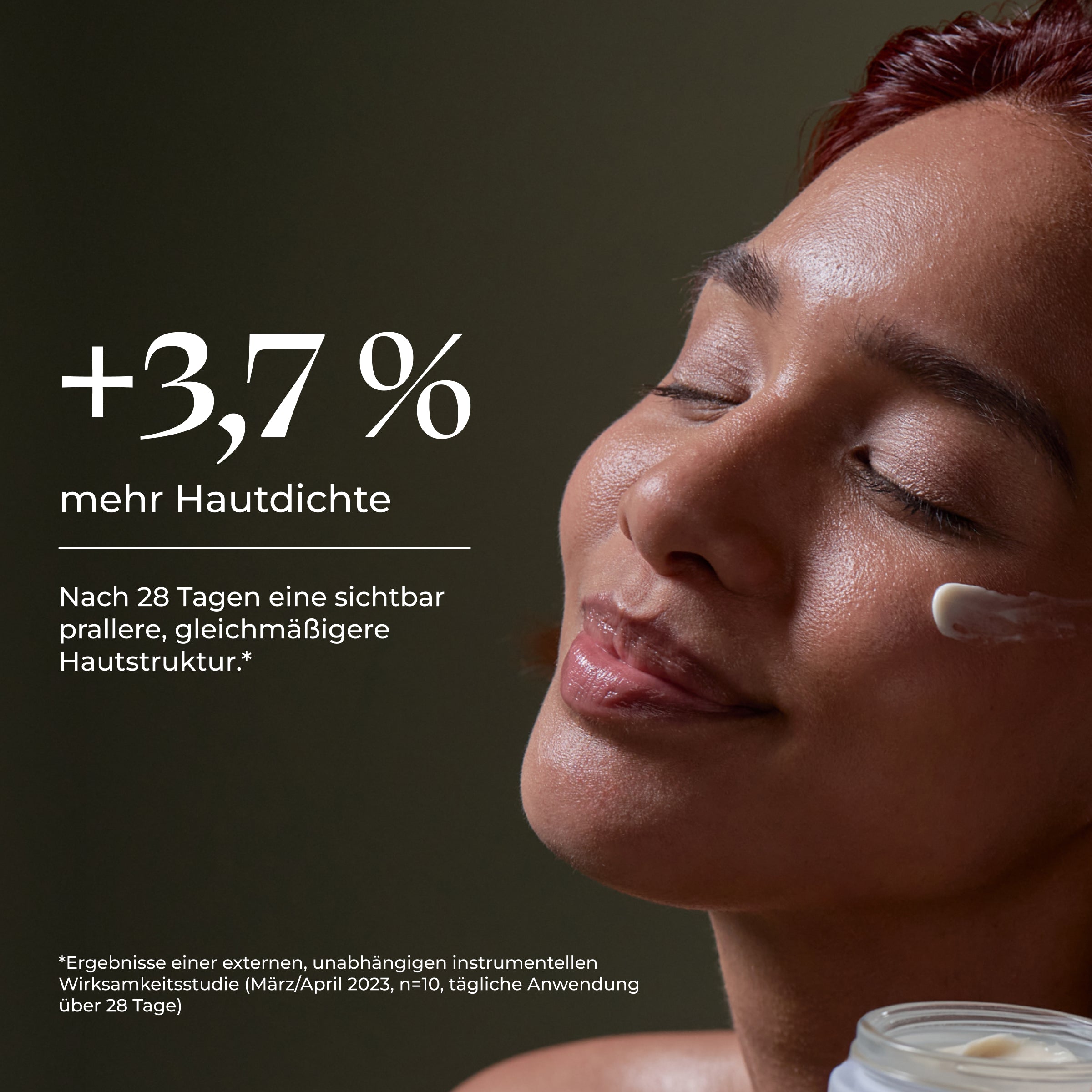 A woman applies Day Cream to her cheek with eyes closed, showcasing improved skin density after 28 days—formulated with moisturizing care and hyaluronic acid.