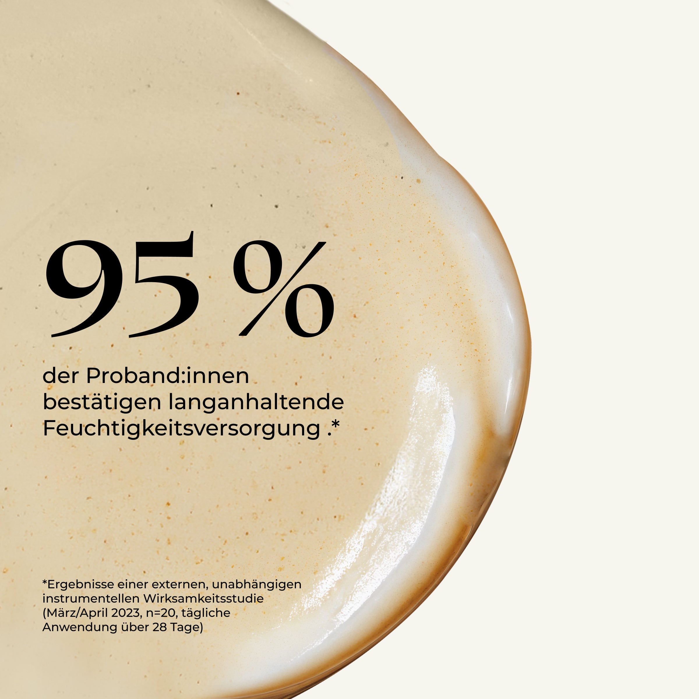 Day Cream in creamy beige on a light background, with text stating 95% confirm long-lasting moisturization.