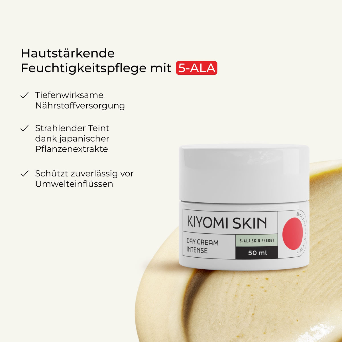 SBI ALApromo Tagescreme Intense im Tiegel mit Produktangaben auf Deutsch vor einem beigen Hintergrund mit Wirbelmuster. Diese intensive 5-ALA-Gesichtspflegecreme wurde speziell für empfindliche Haut entwickelt.