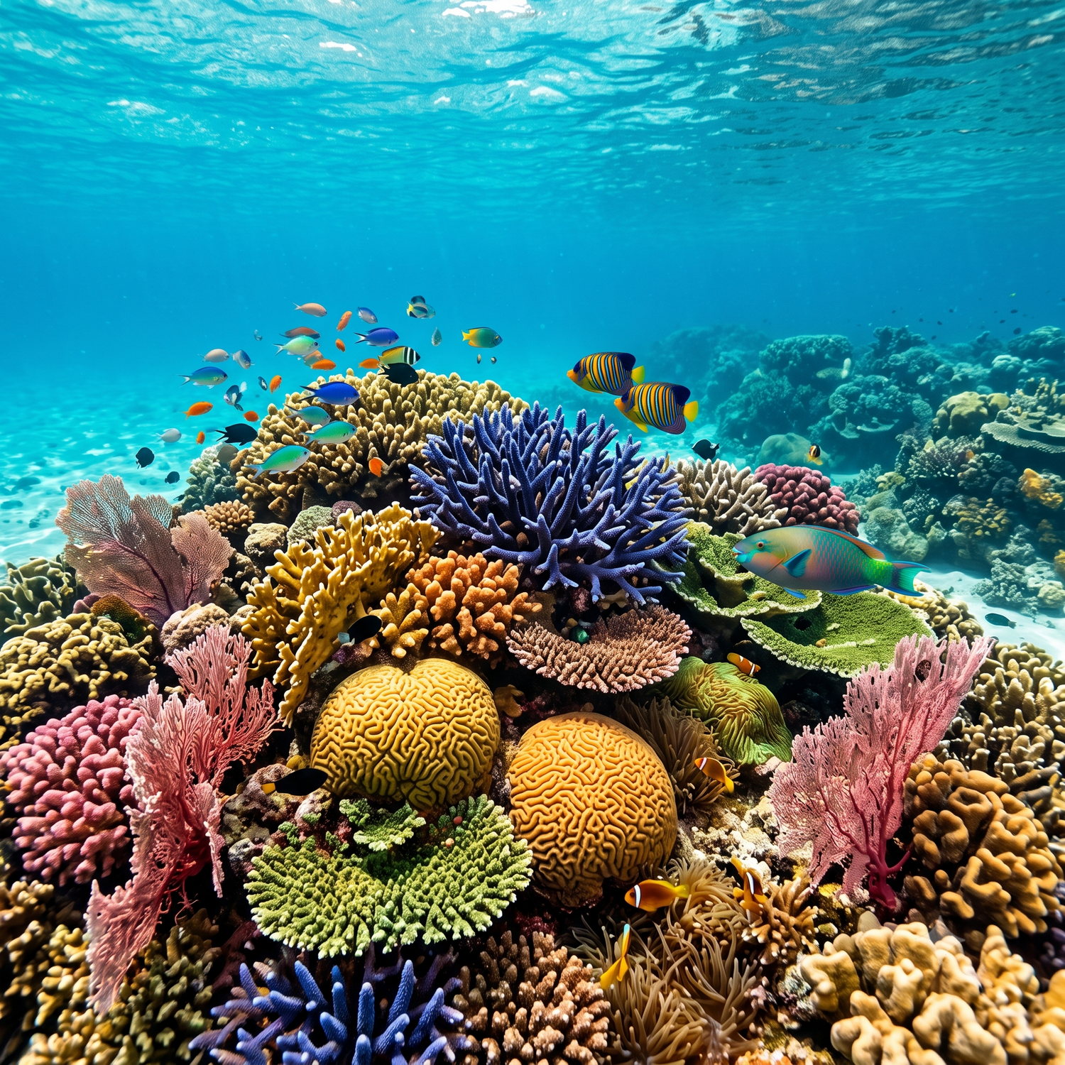 Bunte Korallenriffe mit Fischen. Kiyomi Skin bietet korallenfreundliche Sonnenschutzmittel an