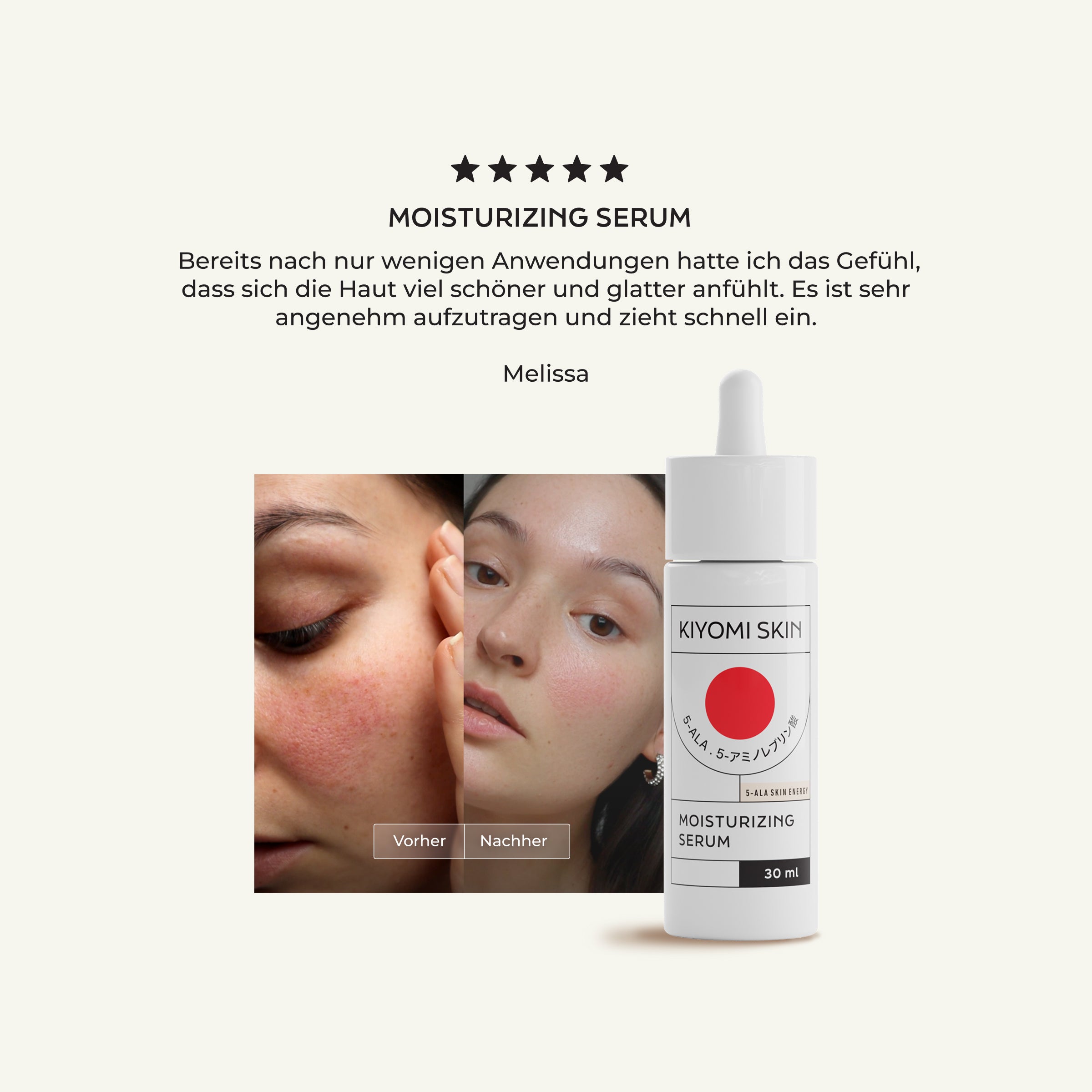 A bottle of Skin Energy Essentials Inner and Outer Radiance serum is shown alongside before and after photos highlighting improved skin appearance.